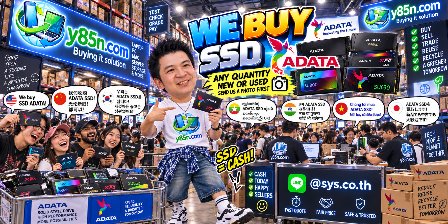 Y85N.com team and customers in a busy warehouse buying ADATA SSDs and computer storage
