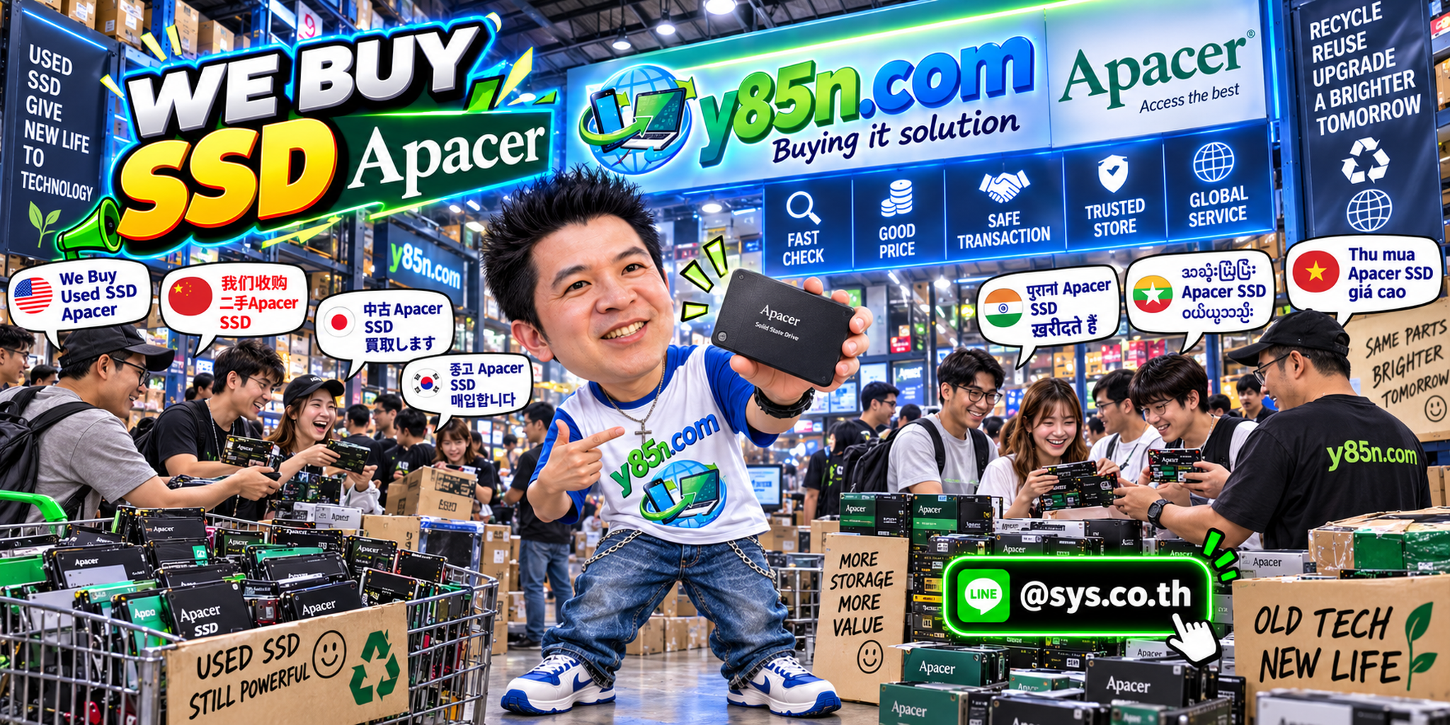 Busy Y85N.com warehouse buying used and bulk Apacer SSDs across Thailand
