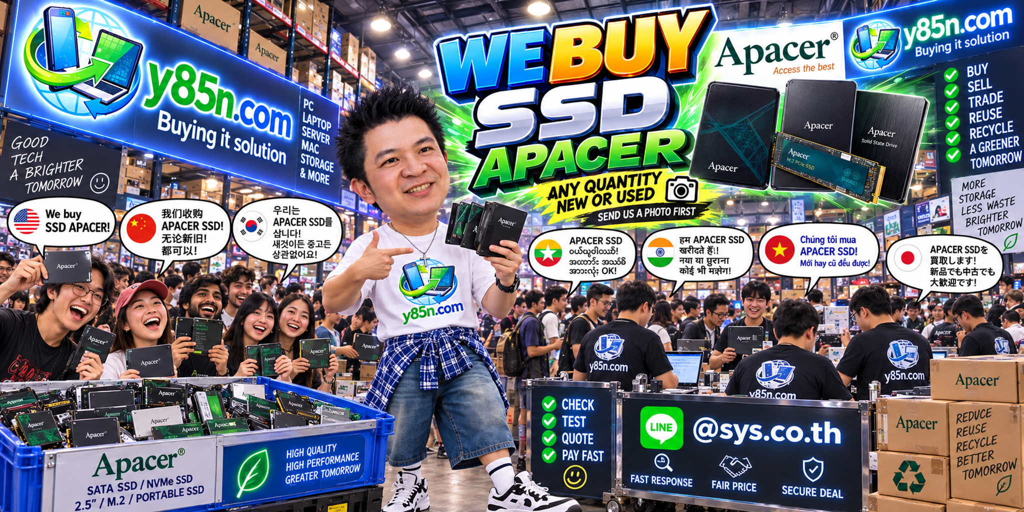 Y85N.com warehouse team buying Apacer SSDs in bulk from customers in Thailand