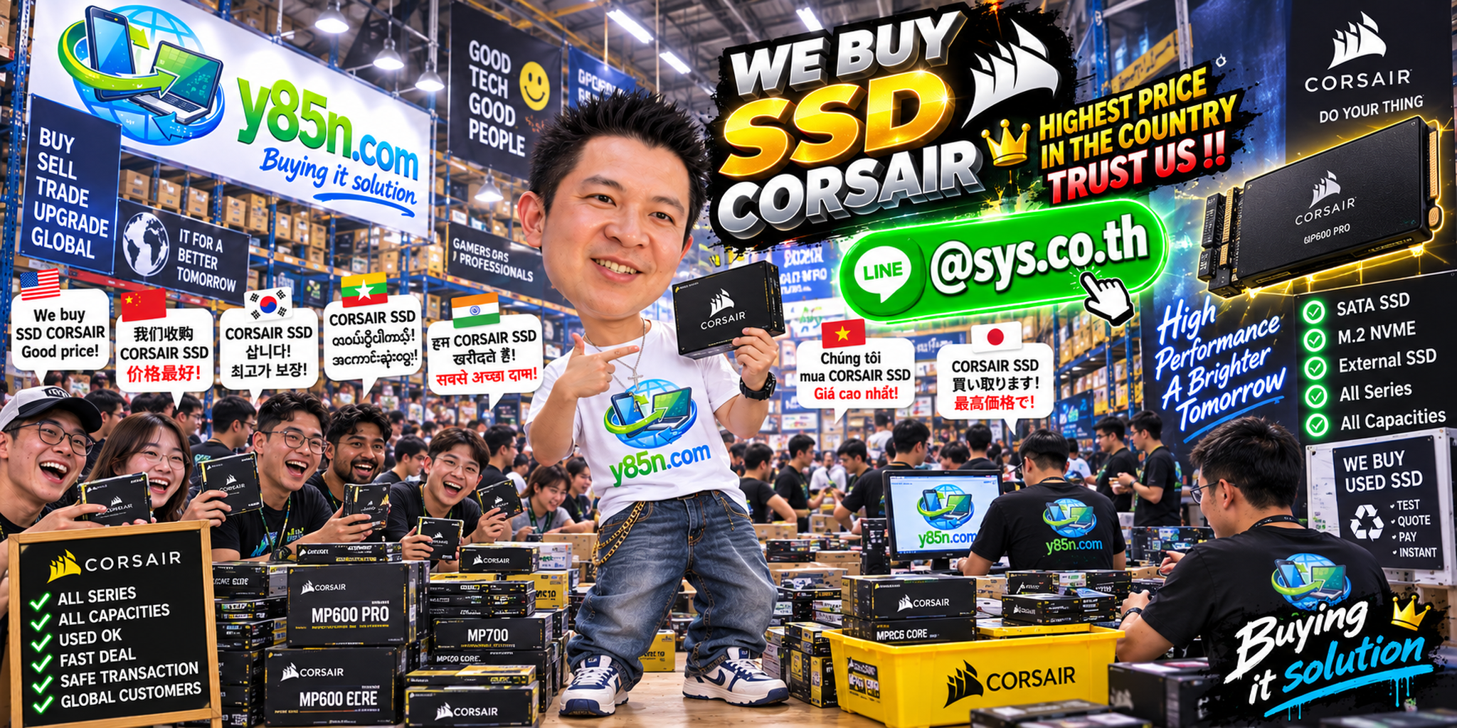Y85N.com warehouse buying used and bulk Corsair SSDs with international seller support in Thailand
