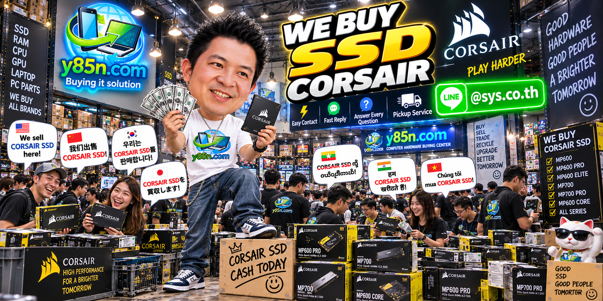 Y85N.com contact banner for selling Corsair SSDs in Thailand via LINE at sys.co.th