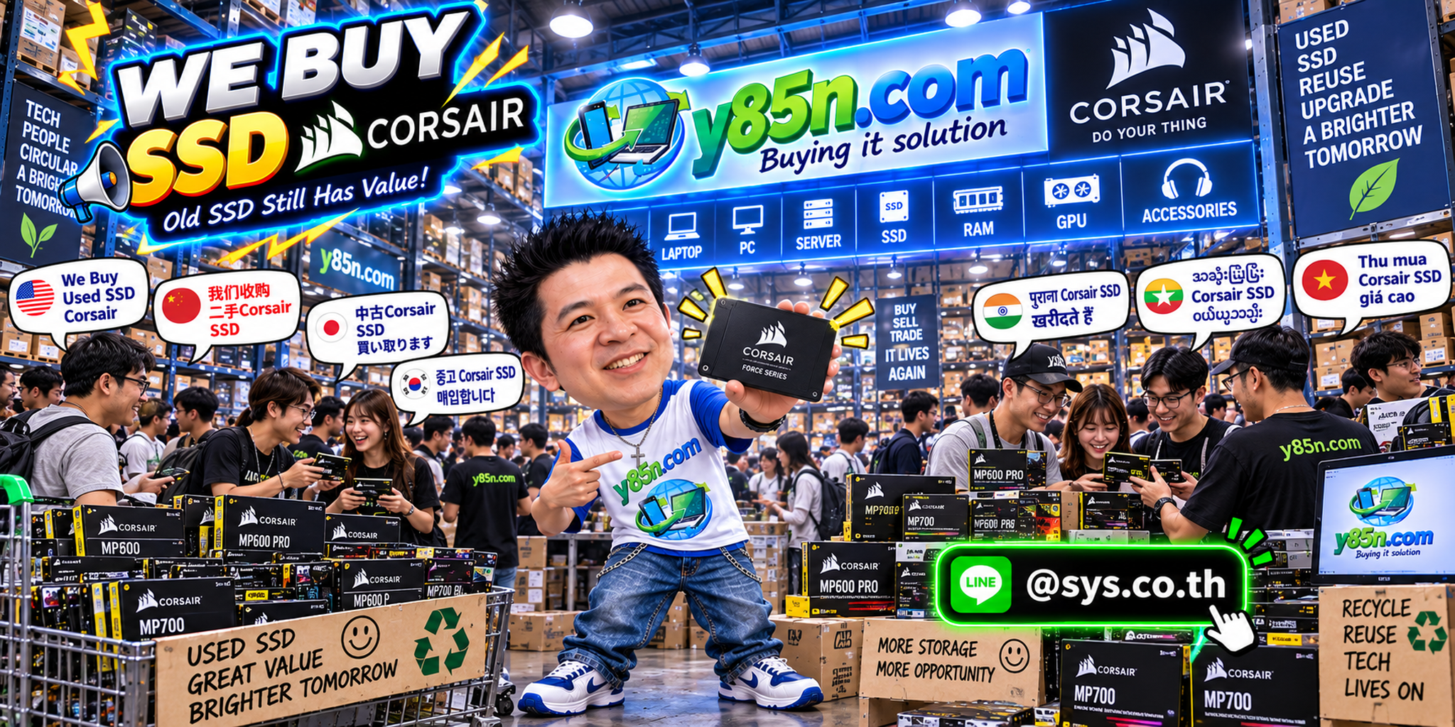 Busy Y85N.com IT warehouse buying Corsair SSDs and computer storage in Thailand
