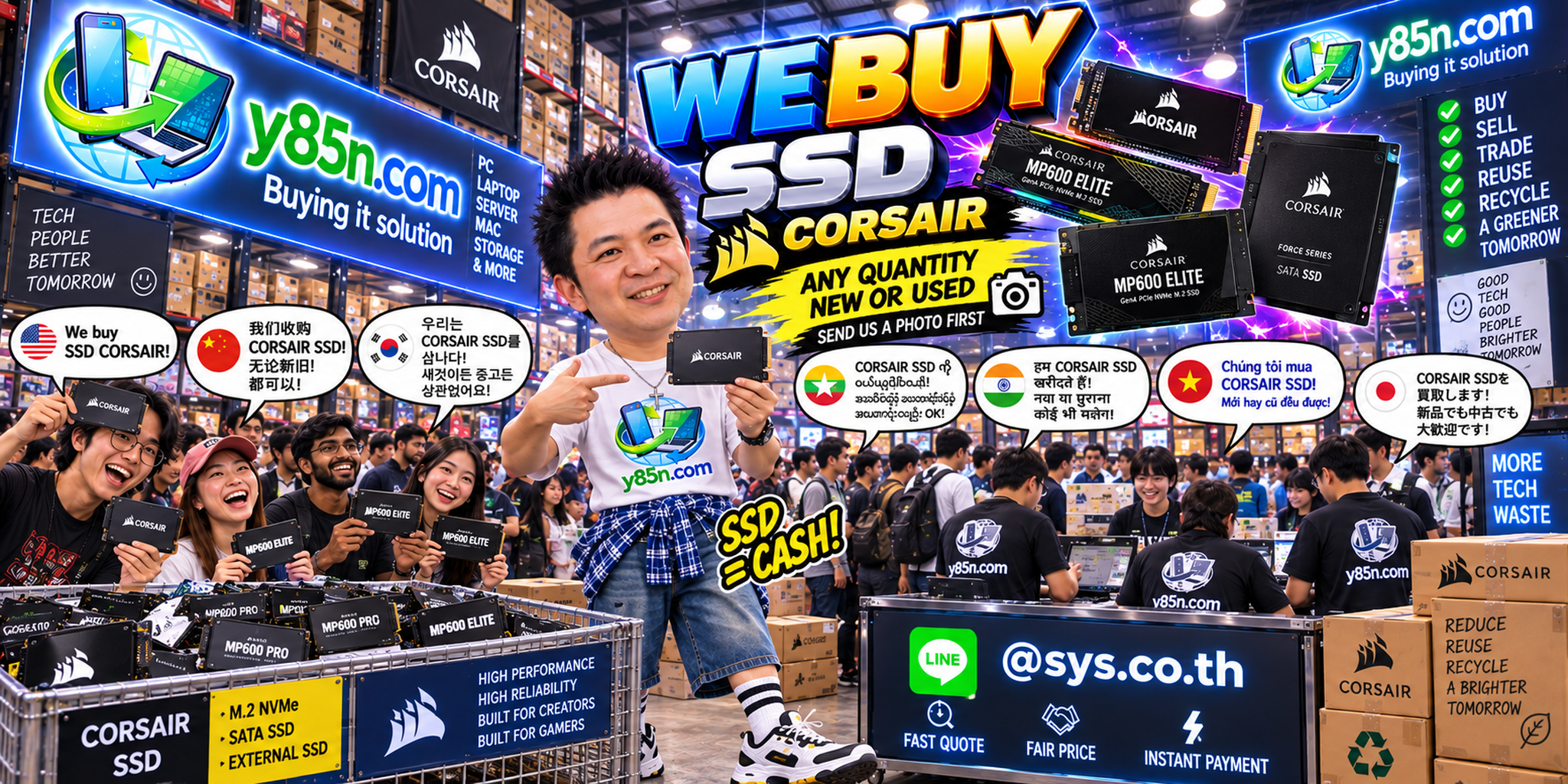 Y85N.com team and customers at a busy computer warehouse buying Corsair SSDs and IT equipment