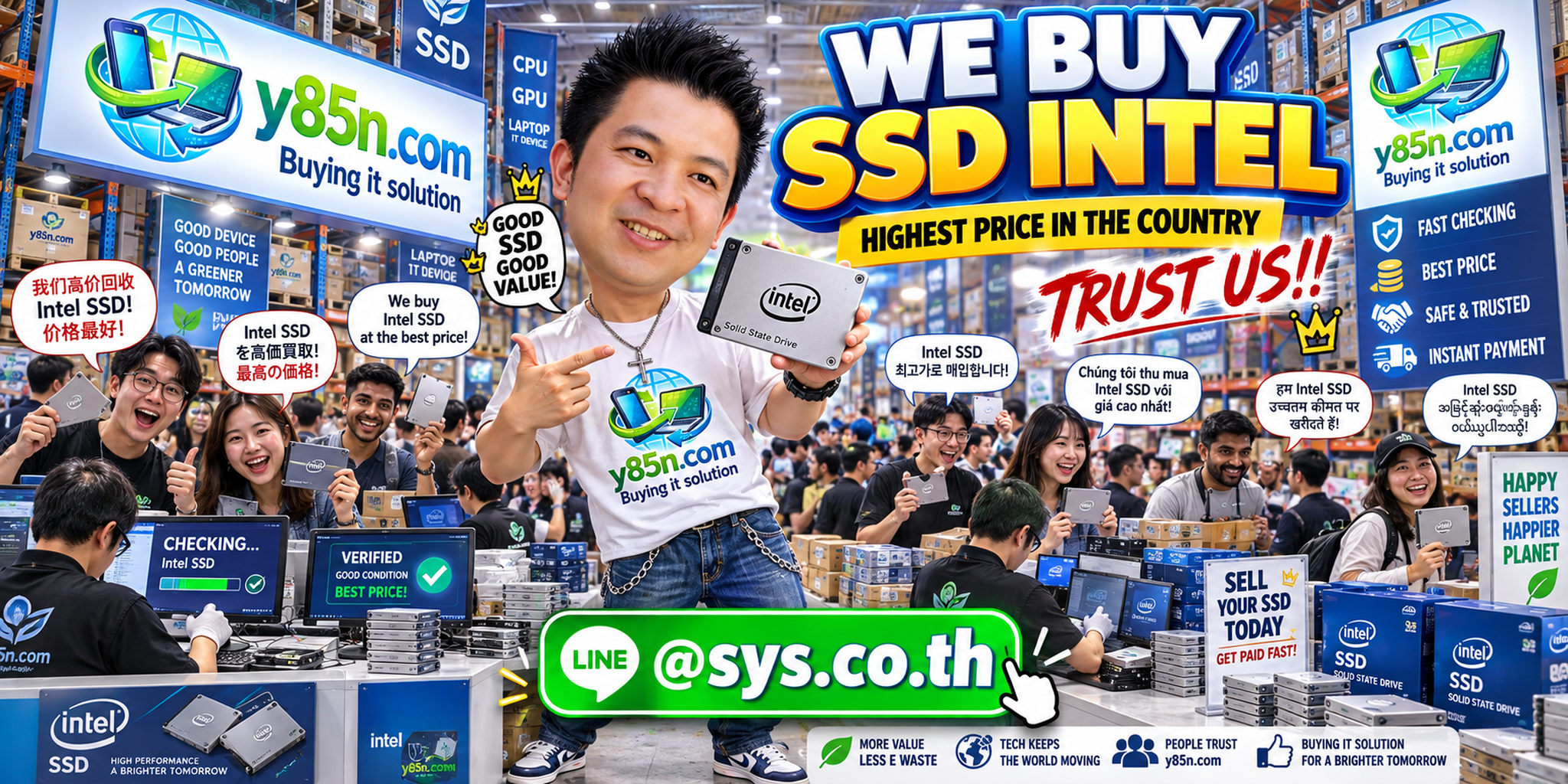 Y85N.com warehouse buying used Intel SSD inventory with international seller support in Thailand