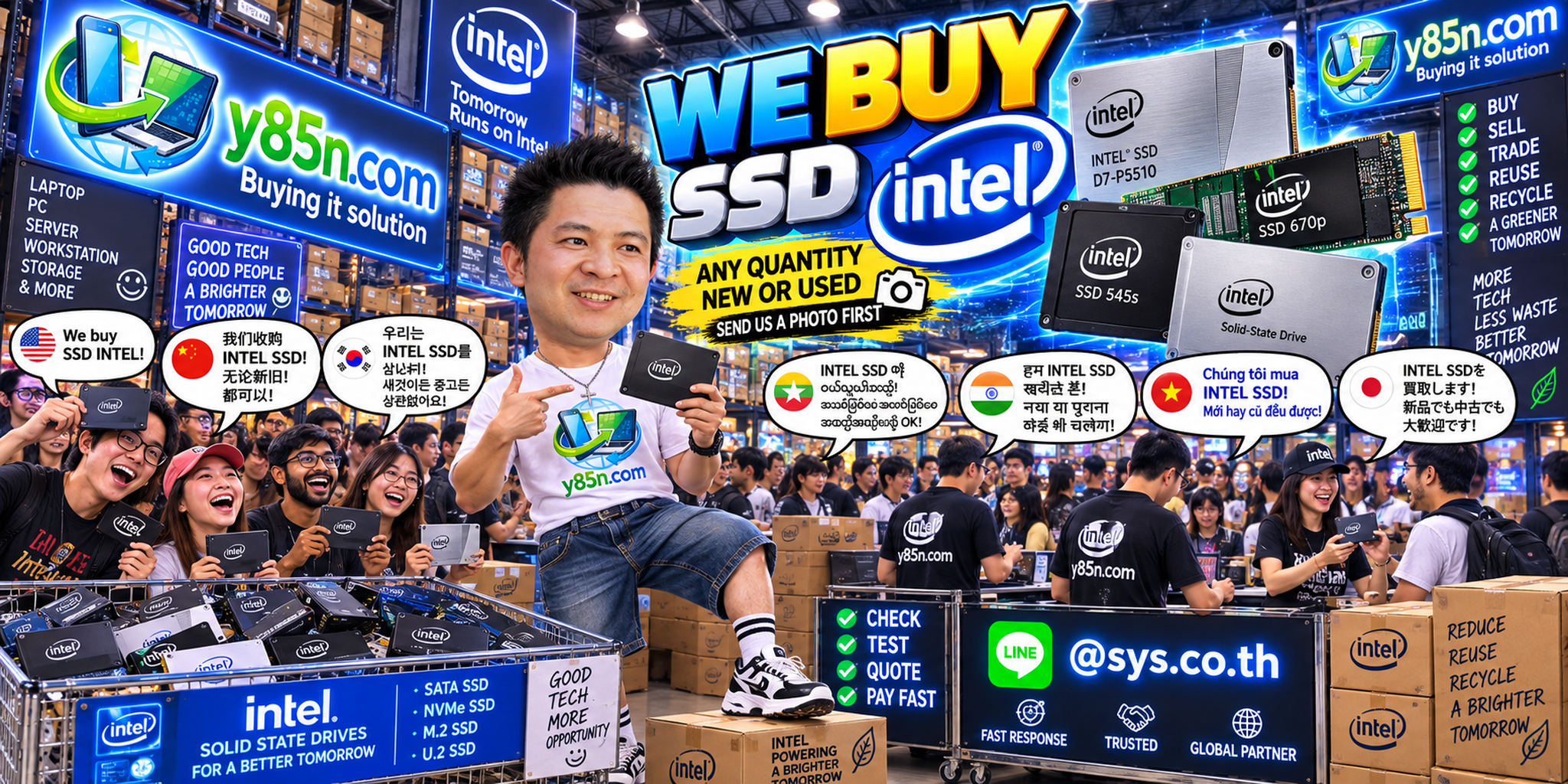 Y85N.com team handling Intel SSD buying and bulk storage inventory in a busy IT warehouse
