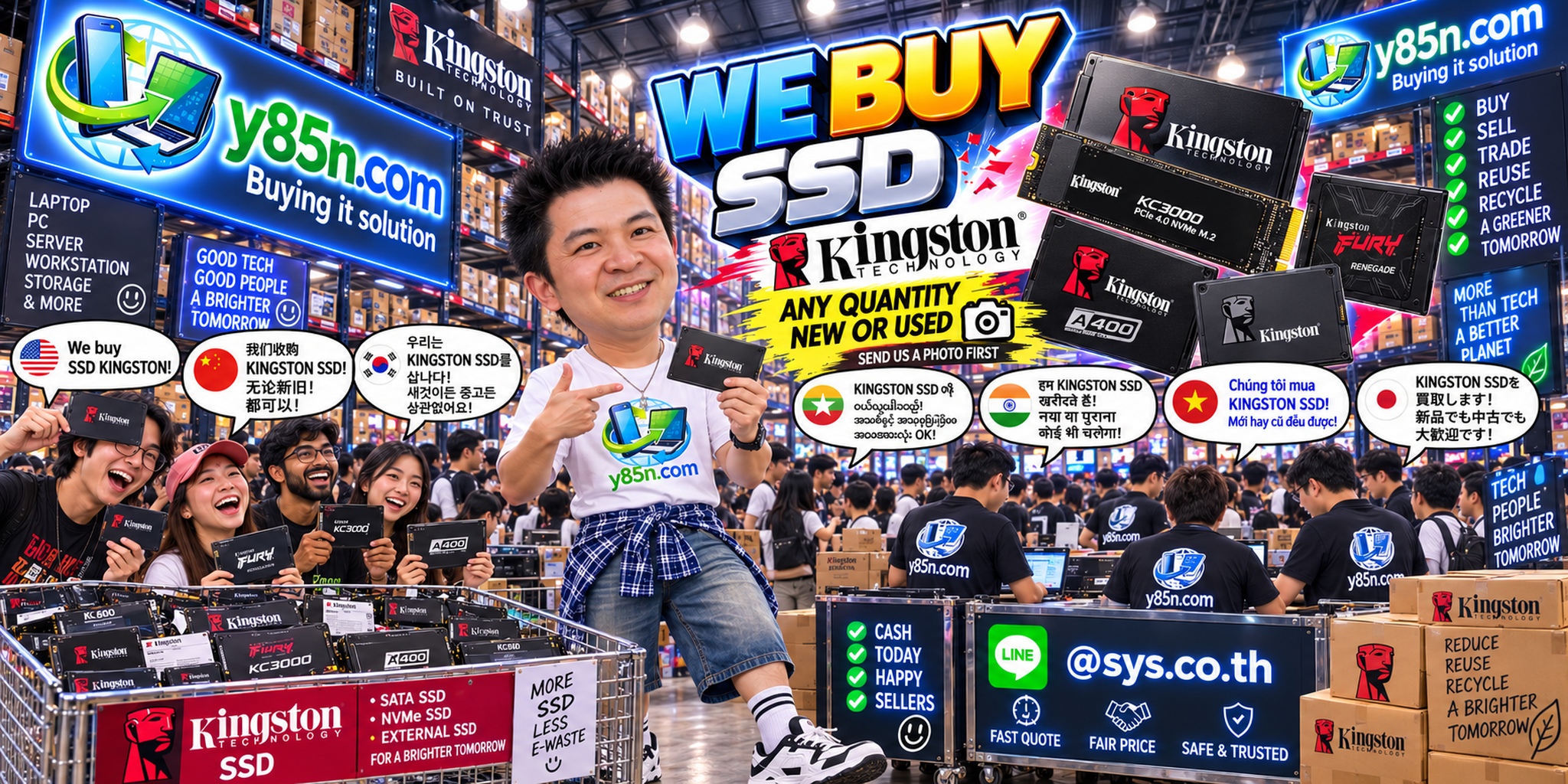 Y85N.com team and customers in a busy warehouse buying Kingston SSD inventory in Thailand
