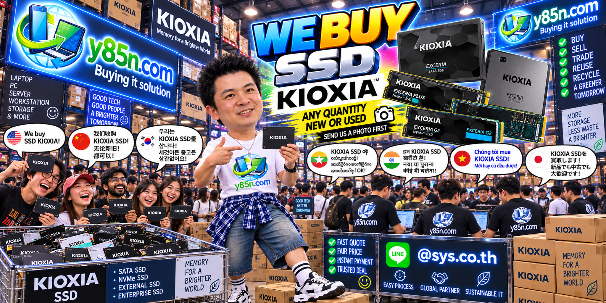 Y85N.com team and customers at a busy KIOXIA SSD buying warehouse in Thailand