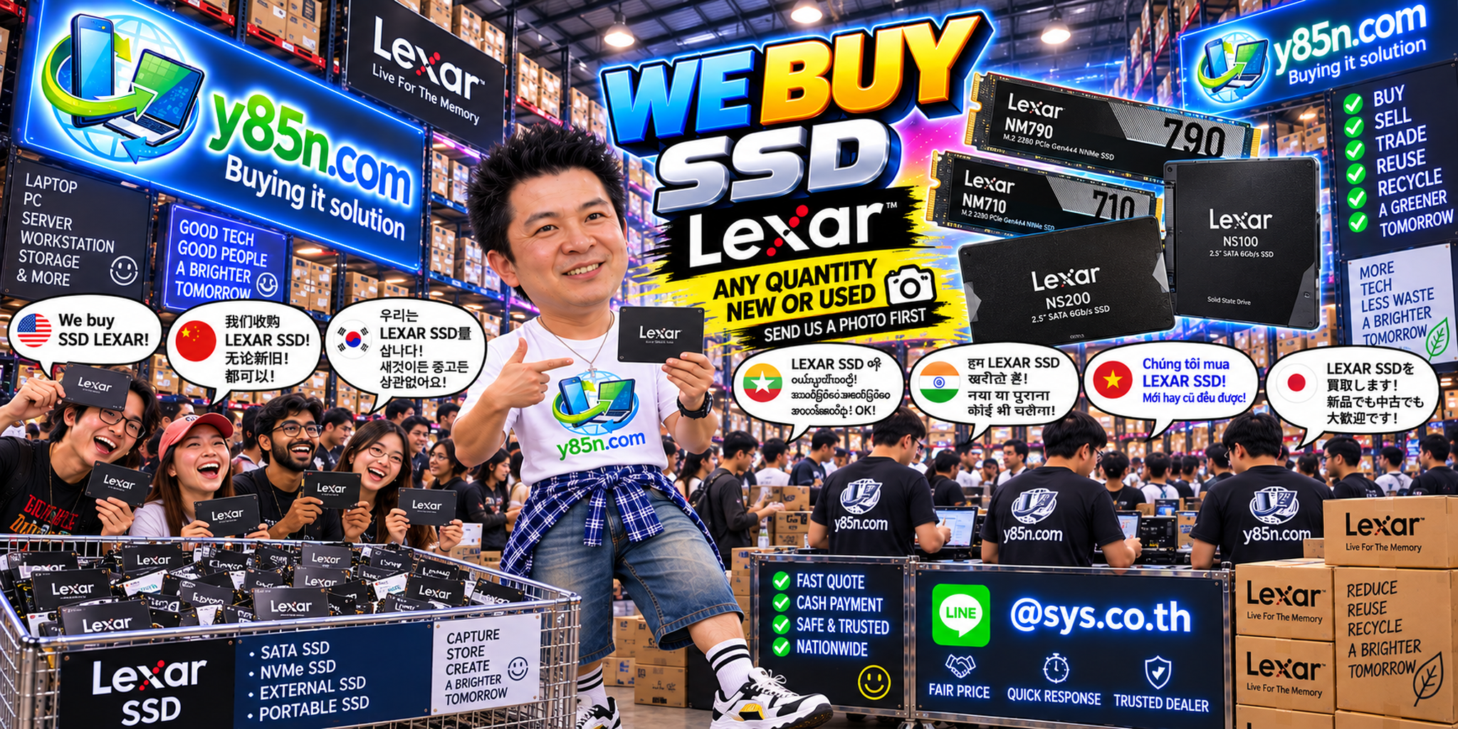 Y85N.com team and customers at a busy warehouse buying Lexar SSDs