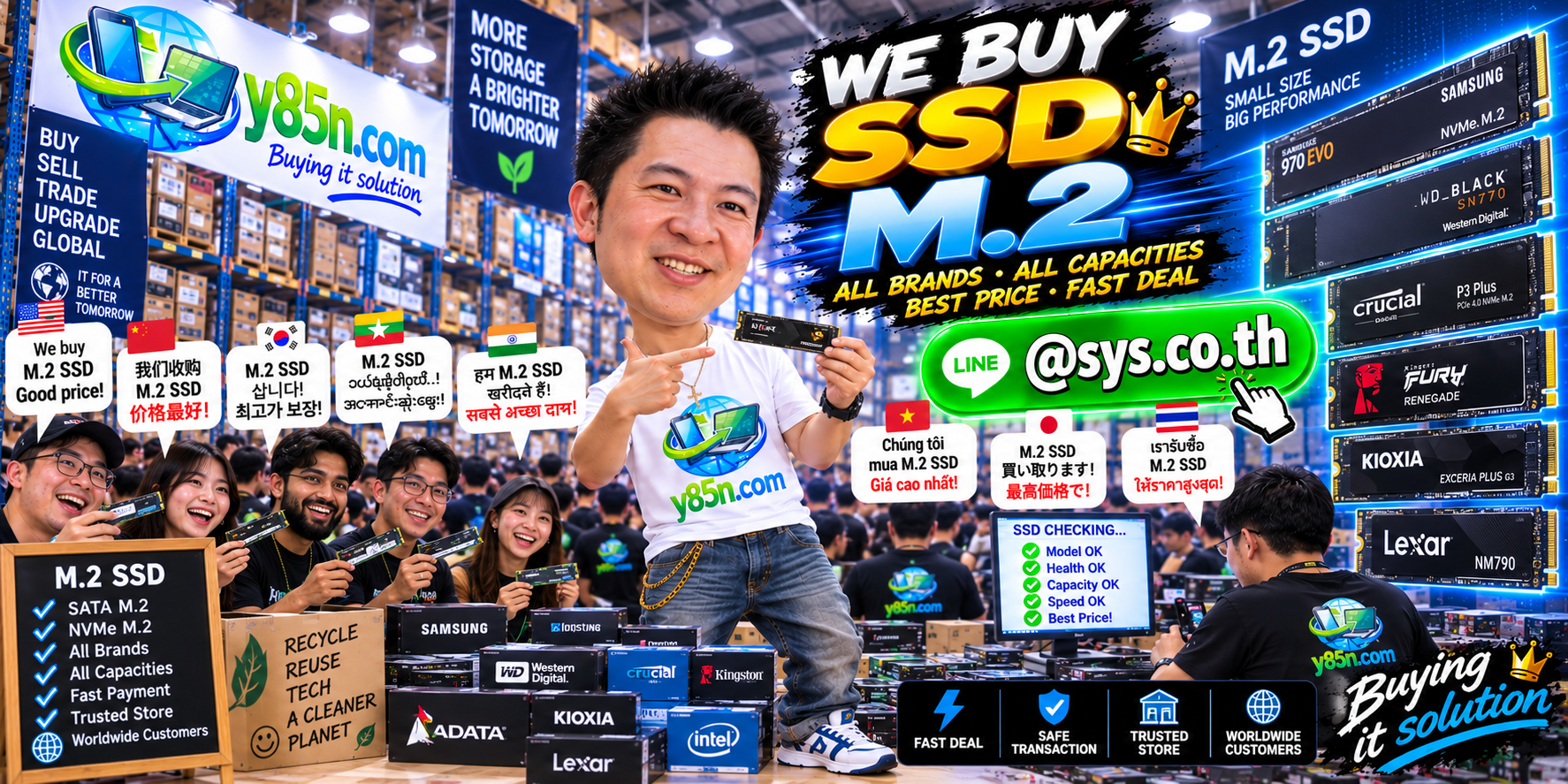 Y85N.com warehouse buying used M 2 SSD and NVMe drives from sellers across Thailand
