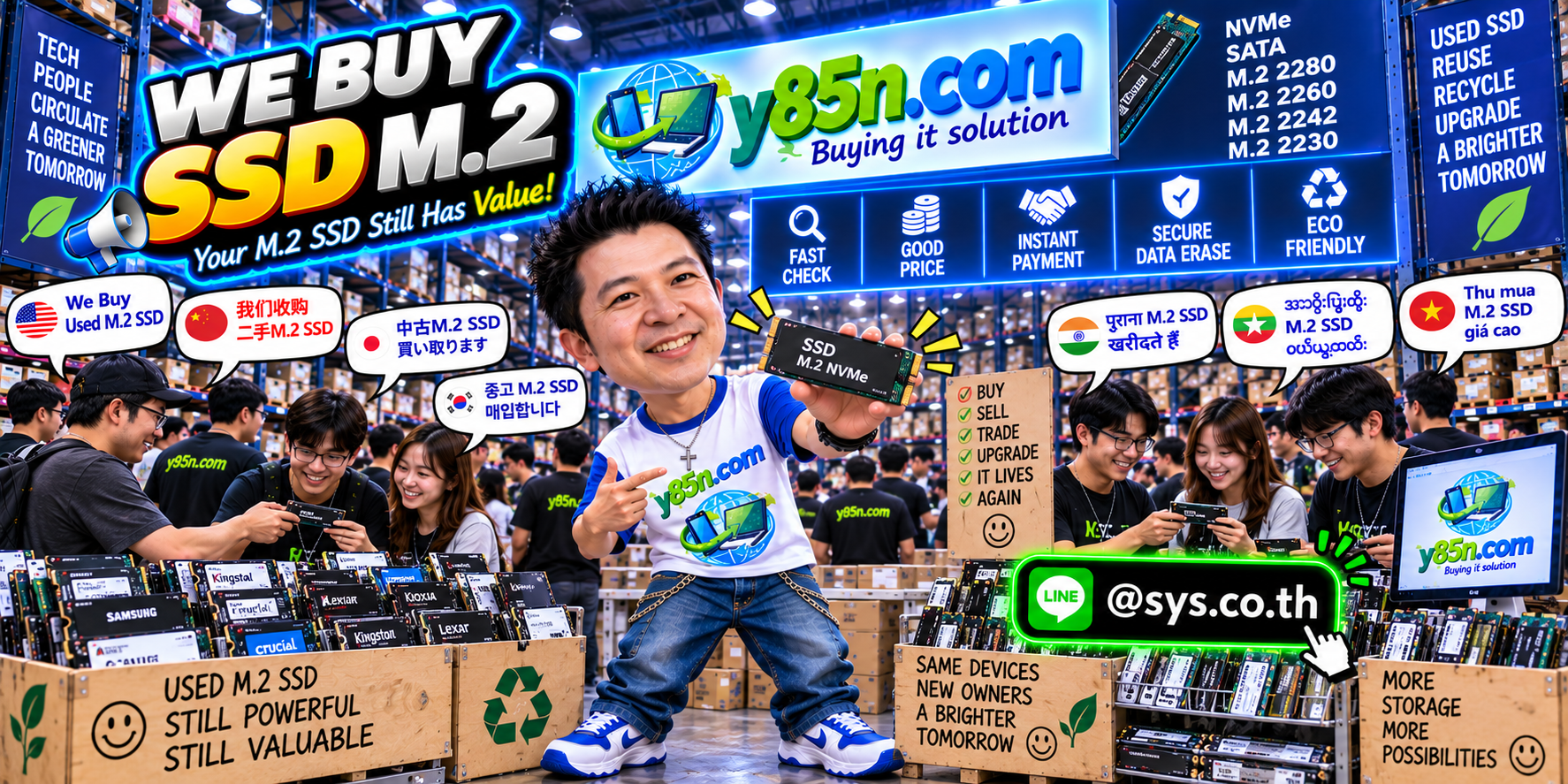 Busy Y85N.com computer warehouse buying used M 2 SSD and NVMe drives in Thailand