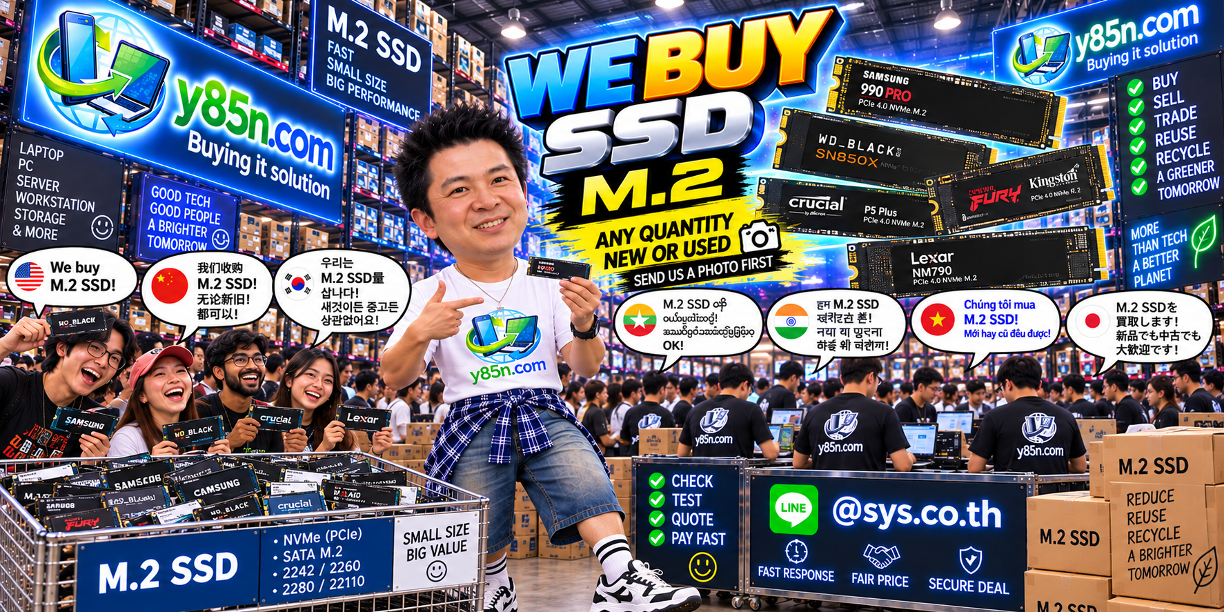 Y85N.com team and customers at a busy warehouse buying used M 2 SSD and NVMe storage