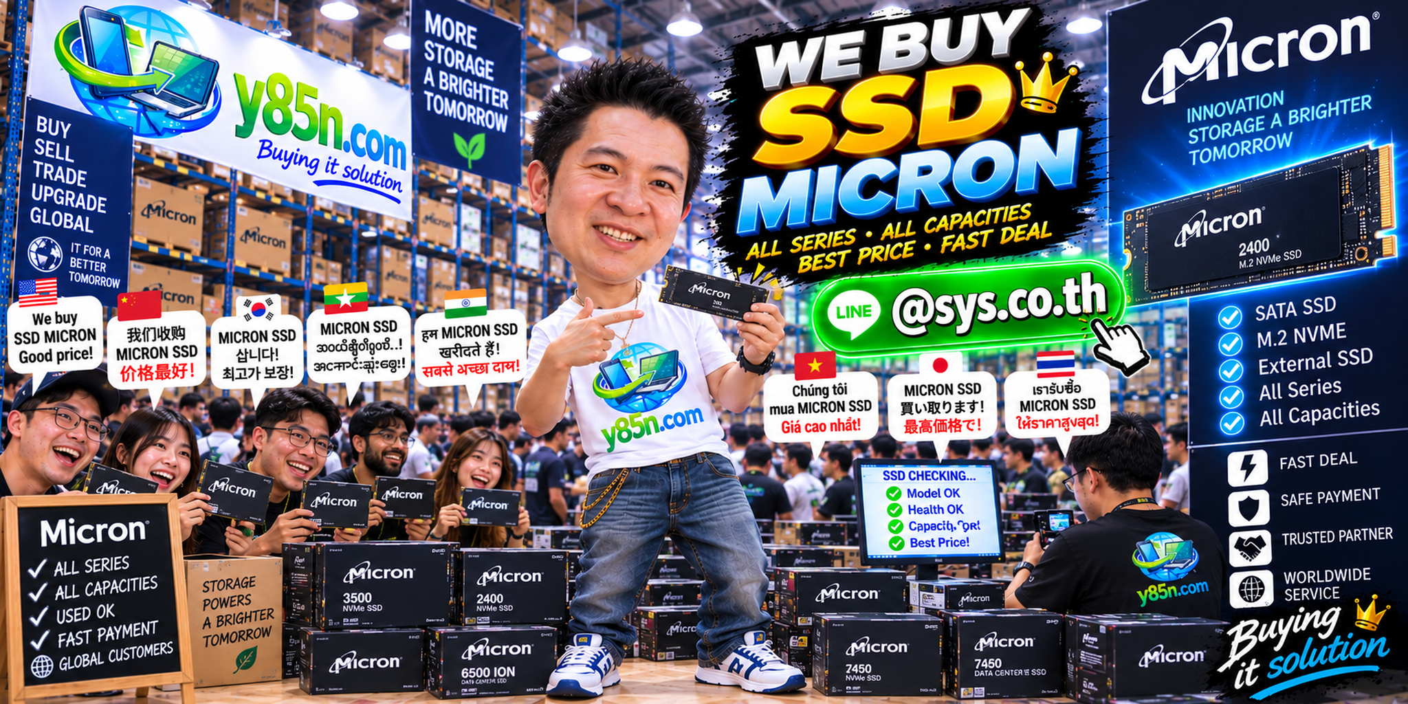 Y85N.com warehouse buying used Micron SSD inventory with international seller support in Thailand