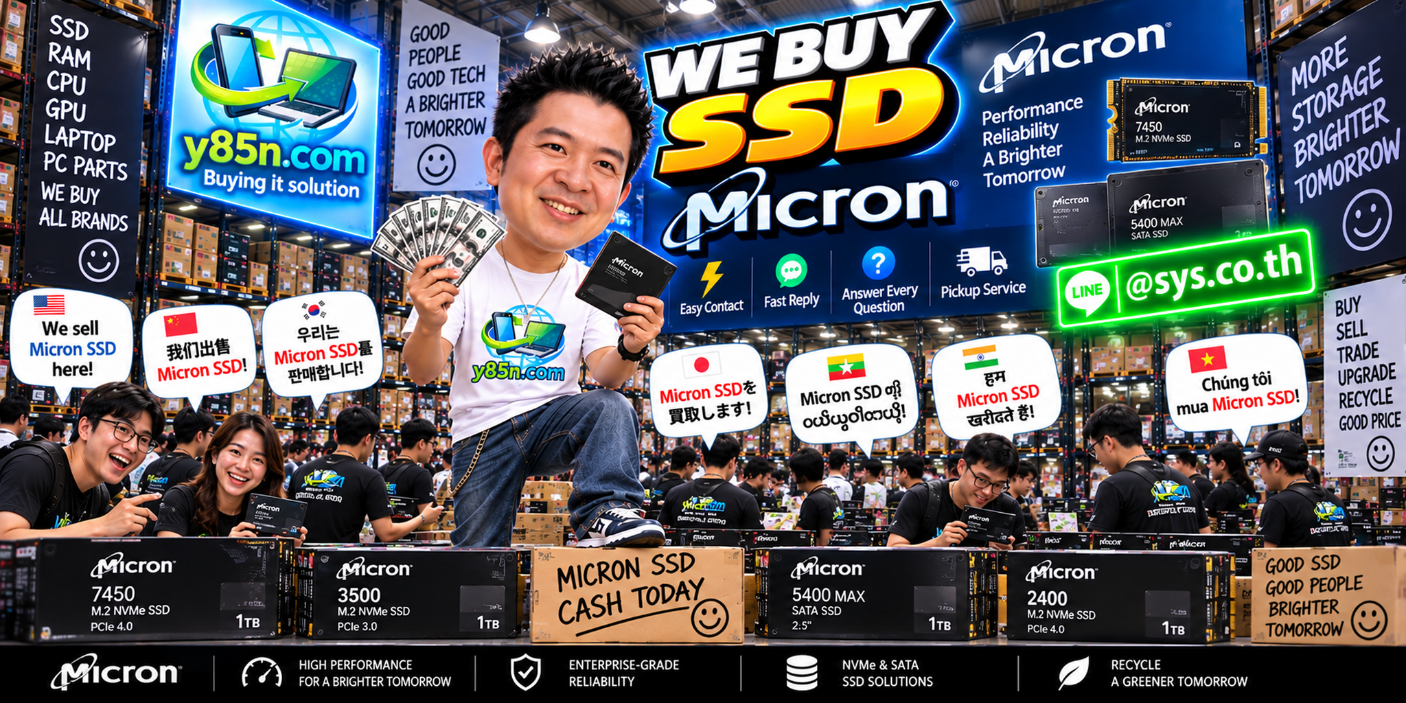 Y85N.com Micron SSD buying contact banner with LINE at sys.co.th