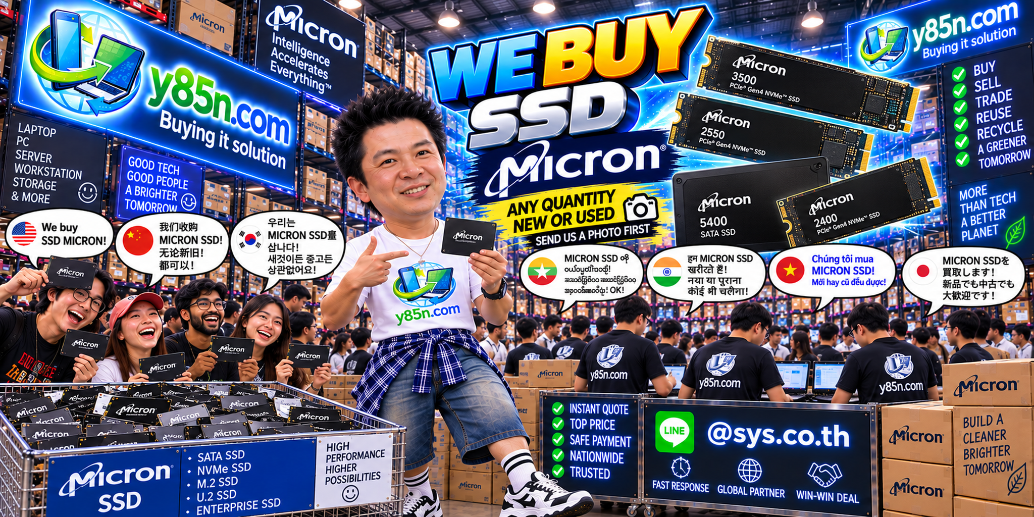 Y85N.com team handling Micron SSD buying and bulk storage inventory in a busy IT warehouse