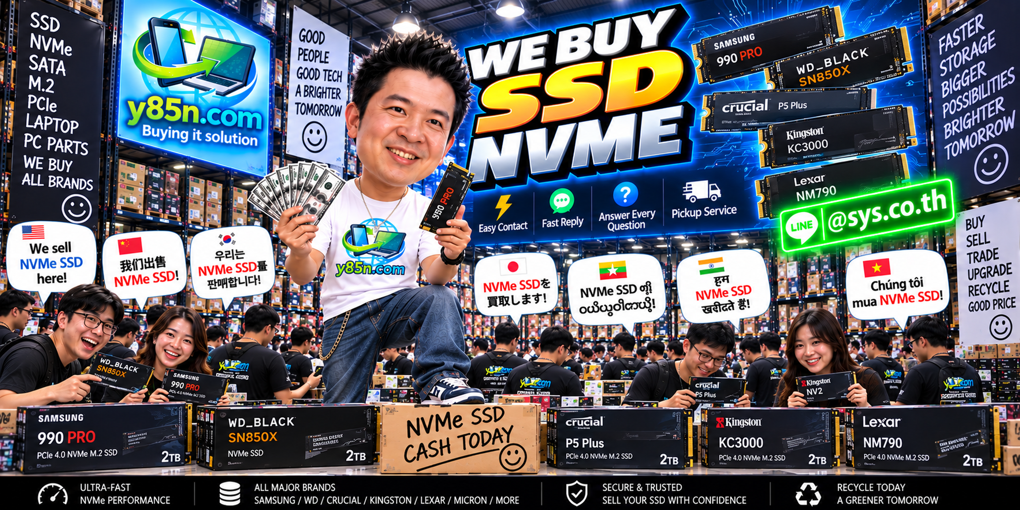 Y85N.com NVMe SSD buying service contact banner with LINE at sys.co.th