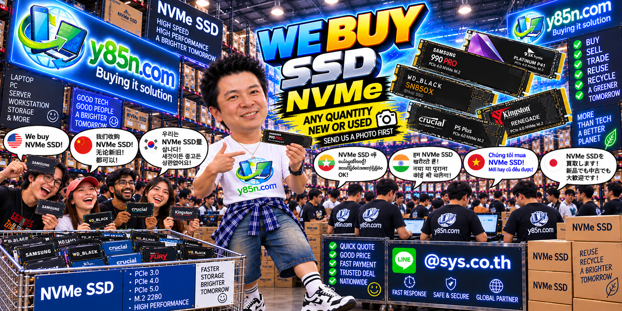 Y85N.com team and customers at a busy NVMe SSD buying warehouse in Thailand