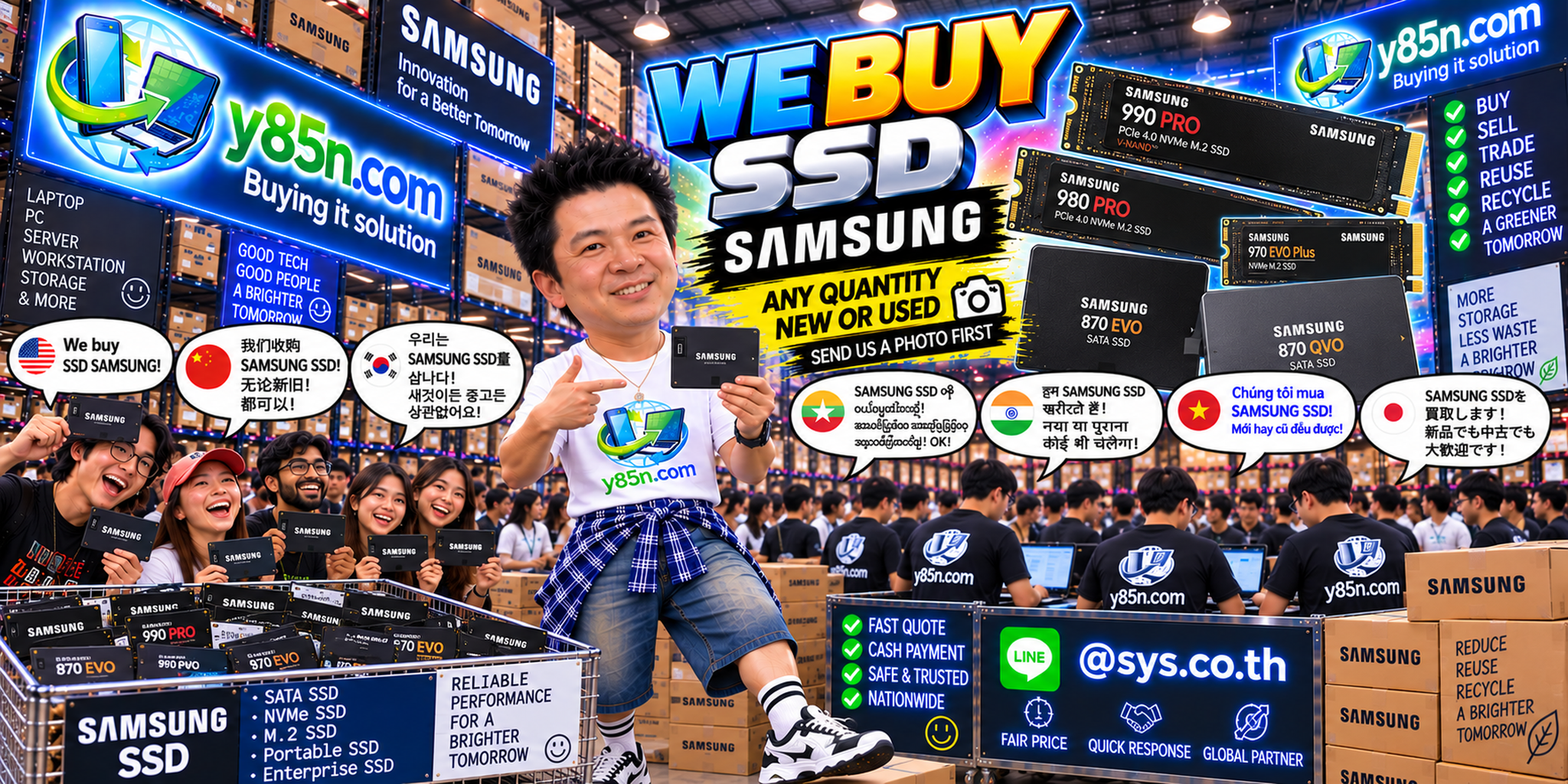 Busy Y85N.com Samsung SSD buying warehouse with customers and staff