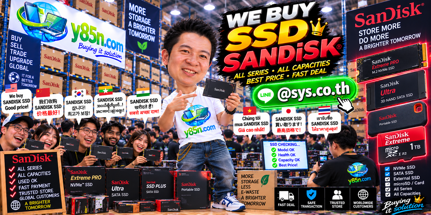 Y85N.com warehouse buying used SanDisk SSDs with international seller support in Thailand