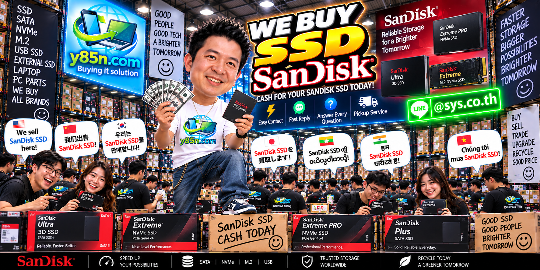 Y85N.com SanDisk SSD buying contact banner with LINE at sys.co.th