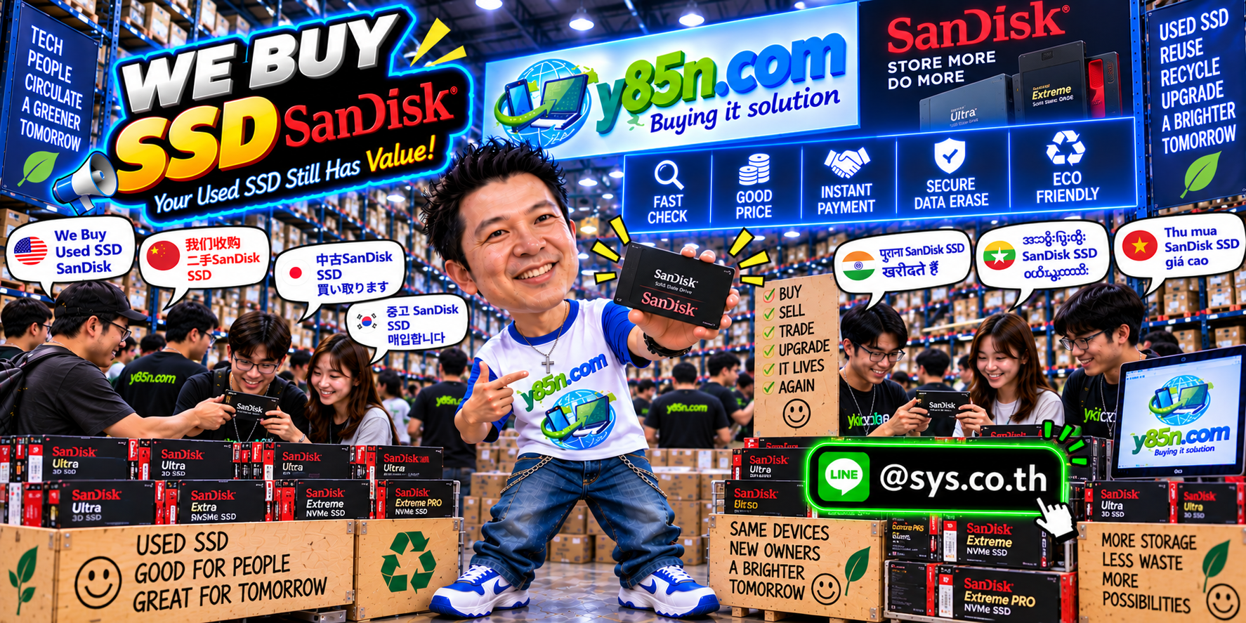 Busy Y85N.com warehouse promoting SanDisk SSD buying in Thailand