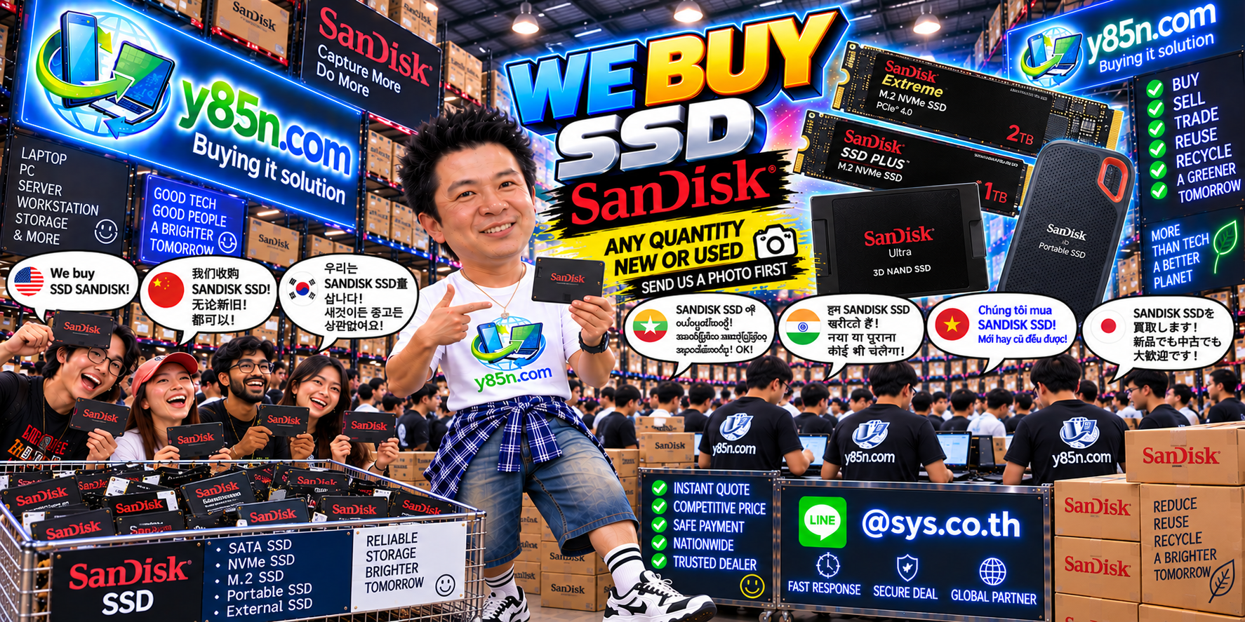 Y85N.com team and customers at a busy SanDisk SSD buying warehouse