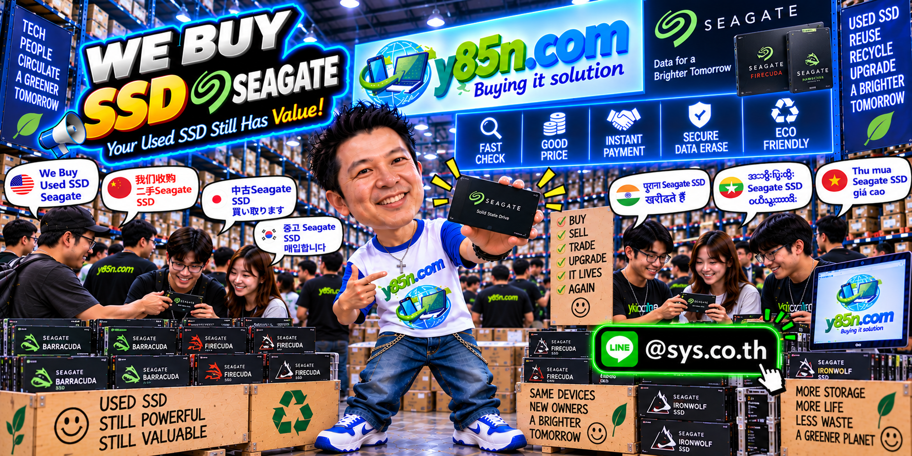 Busy Y85N.com technology warehouse promoting a Seagate SSD buying service in Thailand