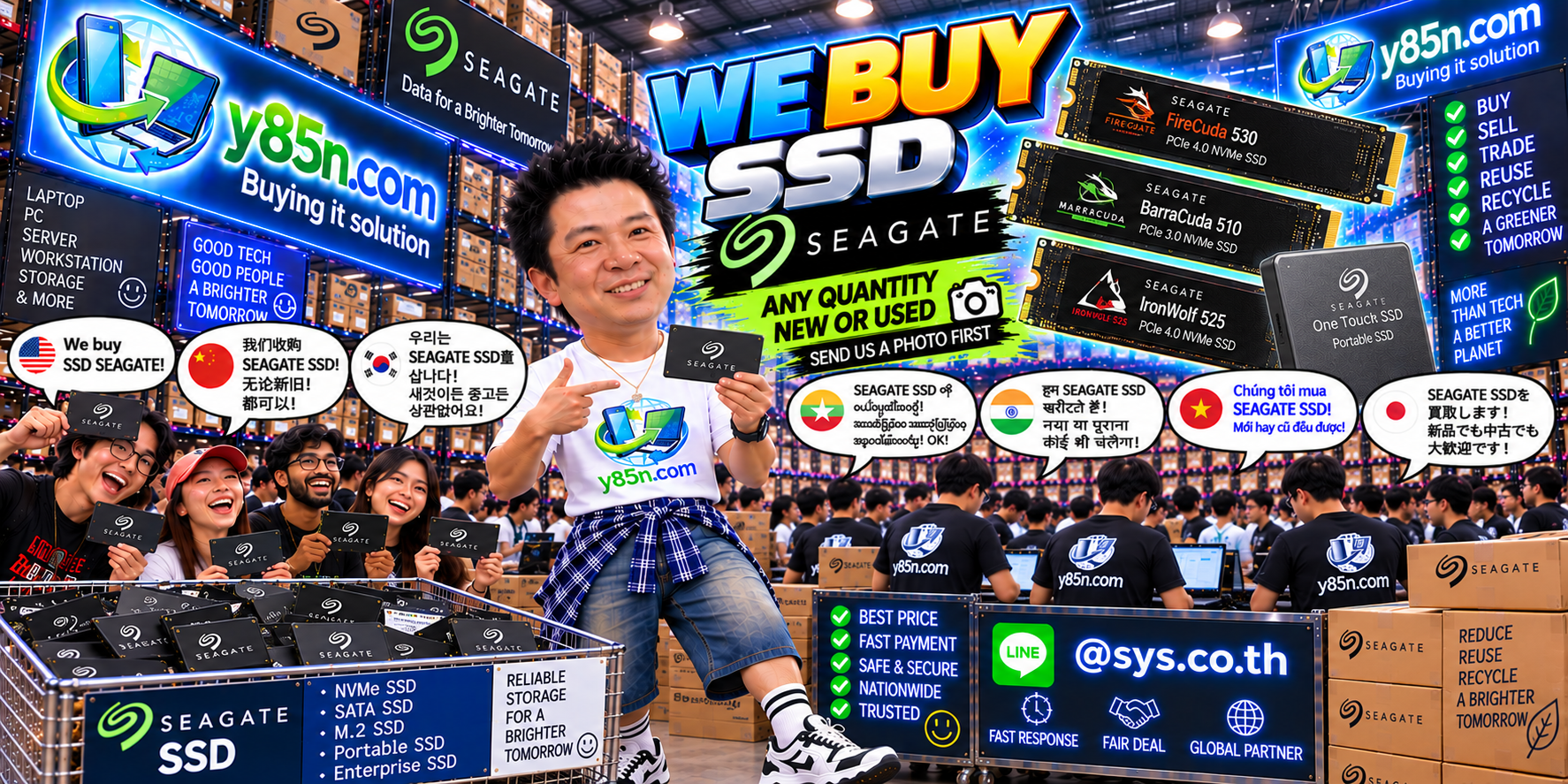 Y85N.com team and customers in a busy technology warehouse for Seagate SSD buying in Thailand