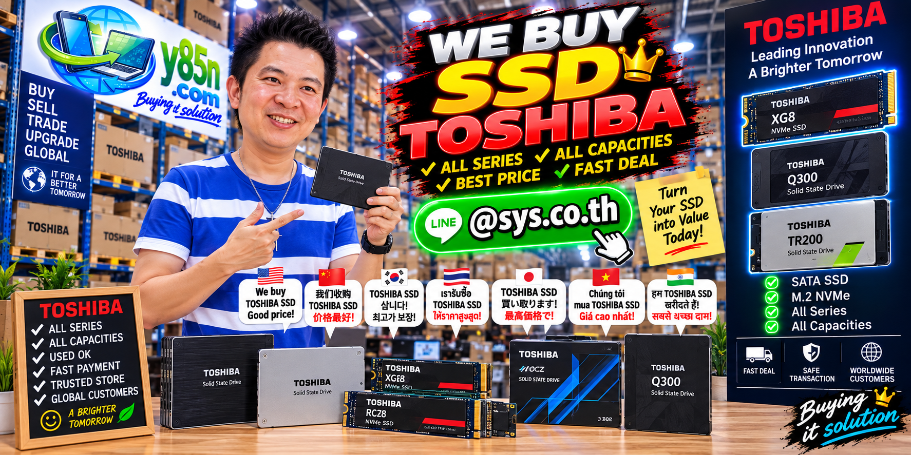 Y85N.com warehouse buying Toshiba SSDs and used IT equipment from sellers across Thailand
