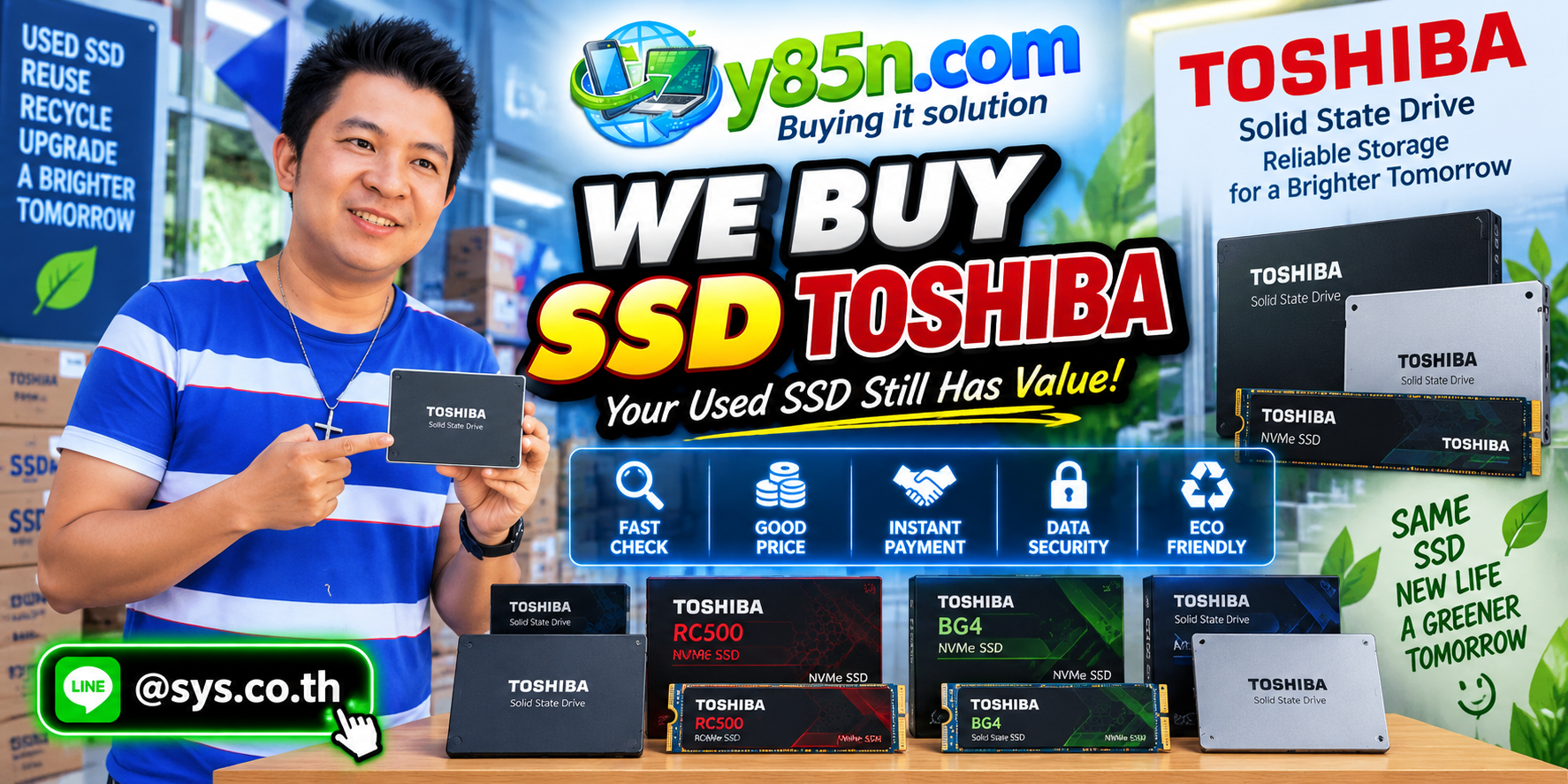 Busy Y85N.com technology warehouse promoting Toshiba SSD buying in Thailand