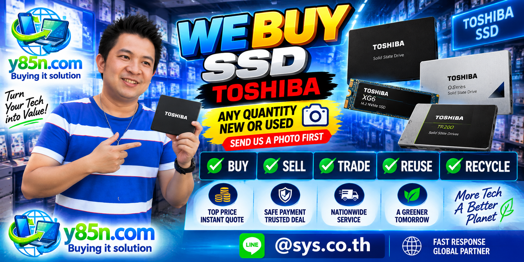 Y85N.com team and customers in a busy warehouse for Toshiba SSD and IT equipment buying