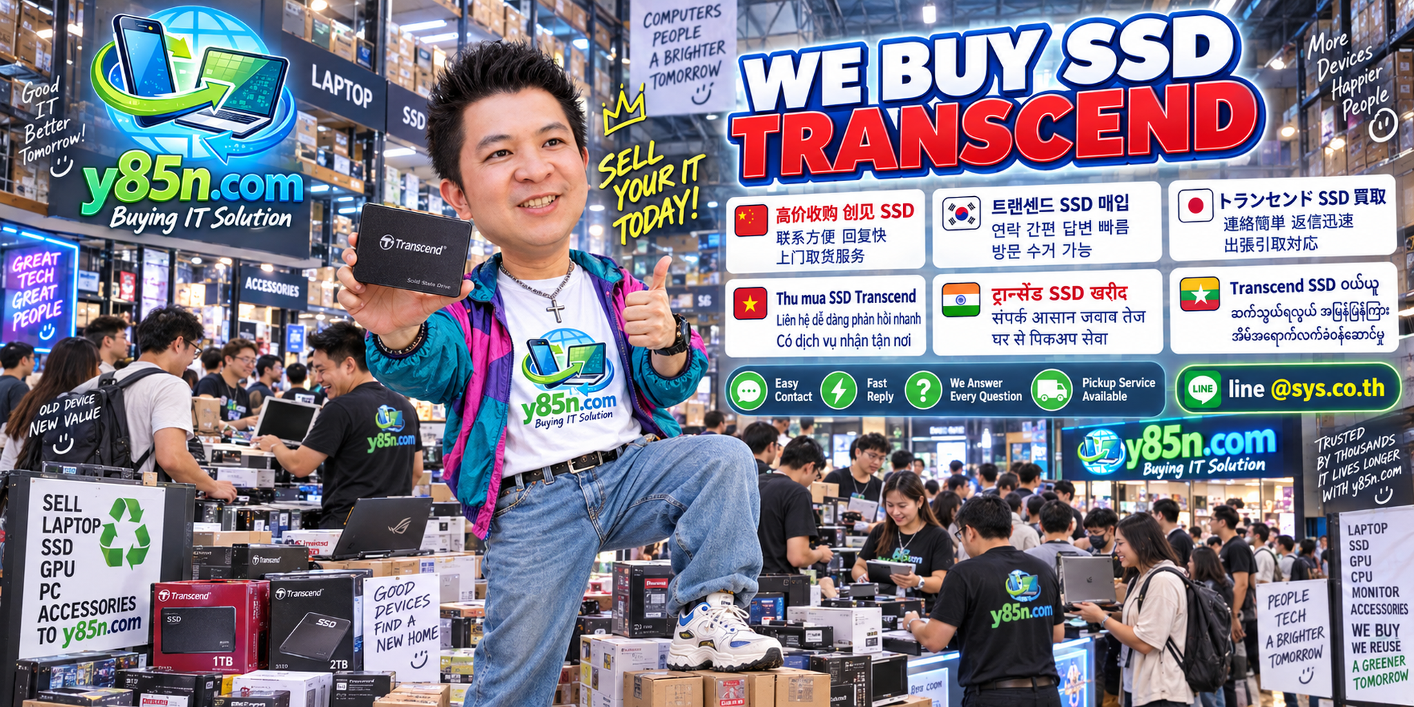 Y85N.com contact banner for selling Transcend SSDs in Thailand via LINE sys.co.th