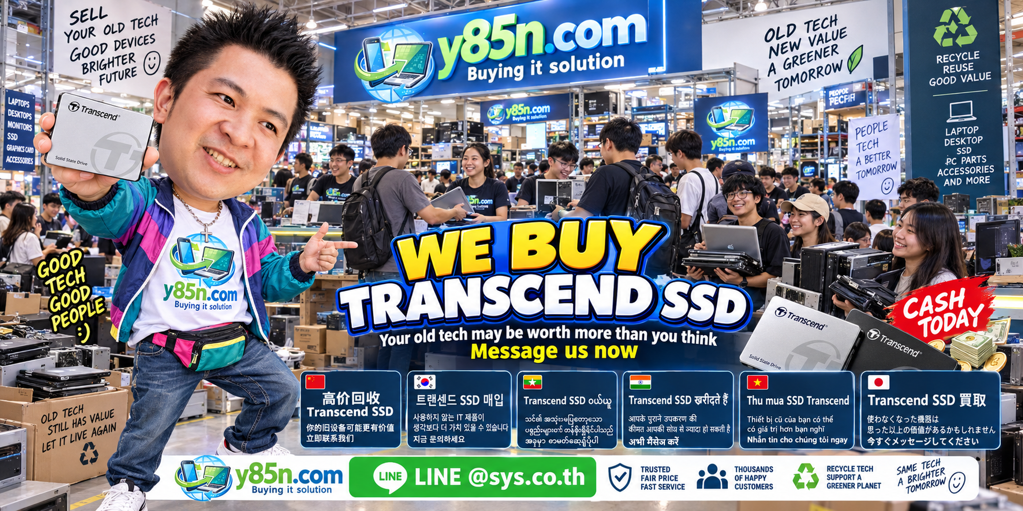 Busy Y85N.com IT warehouse promoting professional Transcend SSD buying across Thailand