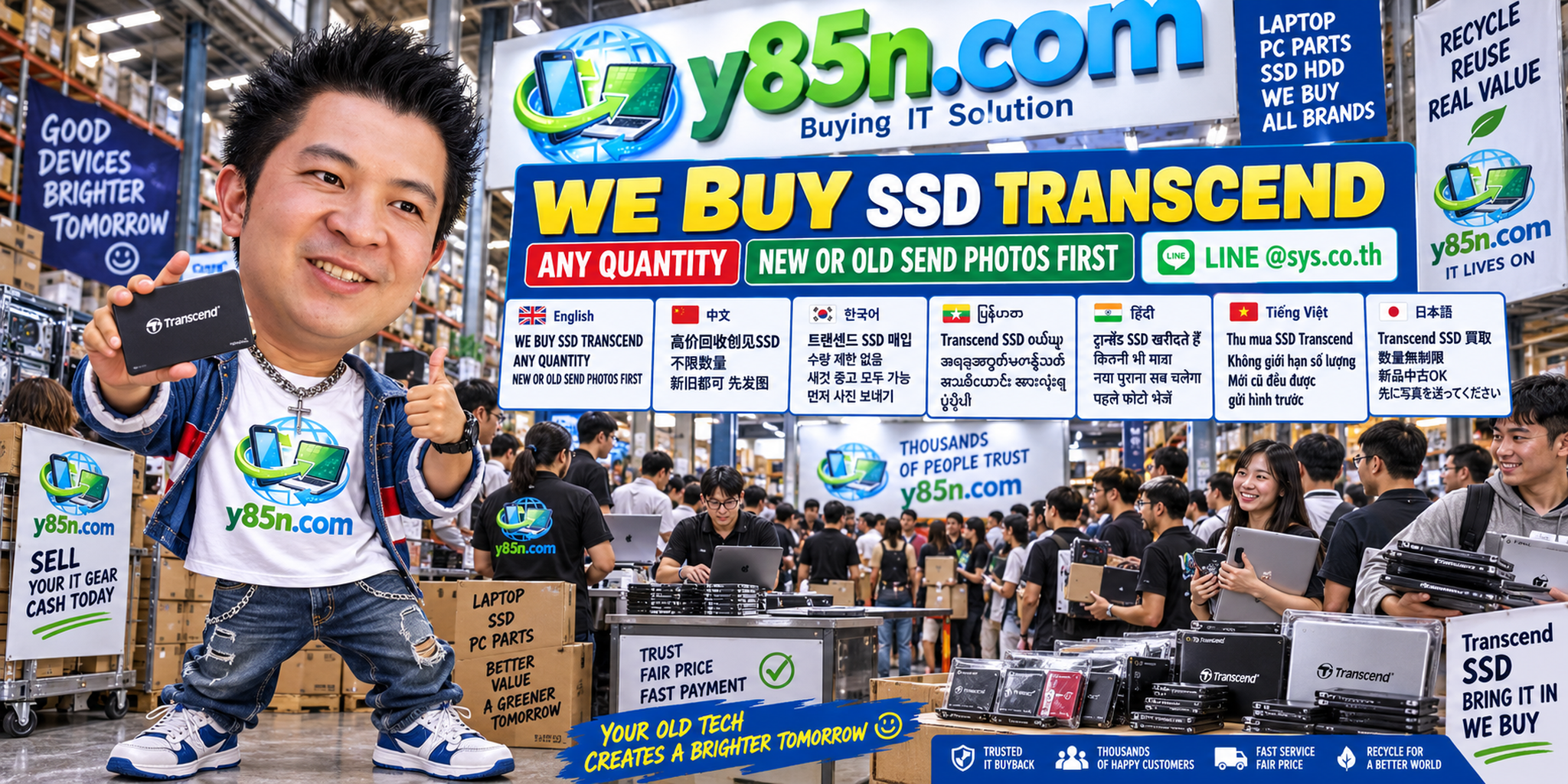Y85N.com team and customers in a busy IT warehouse for Transcend SSD and technology buying