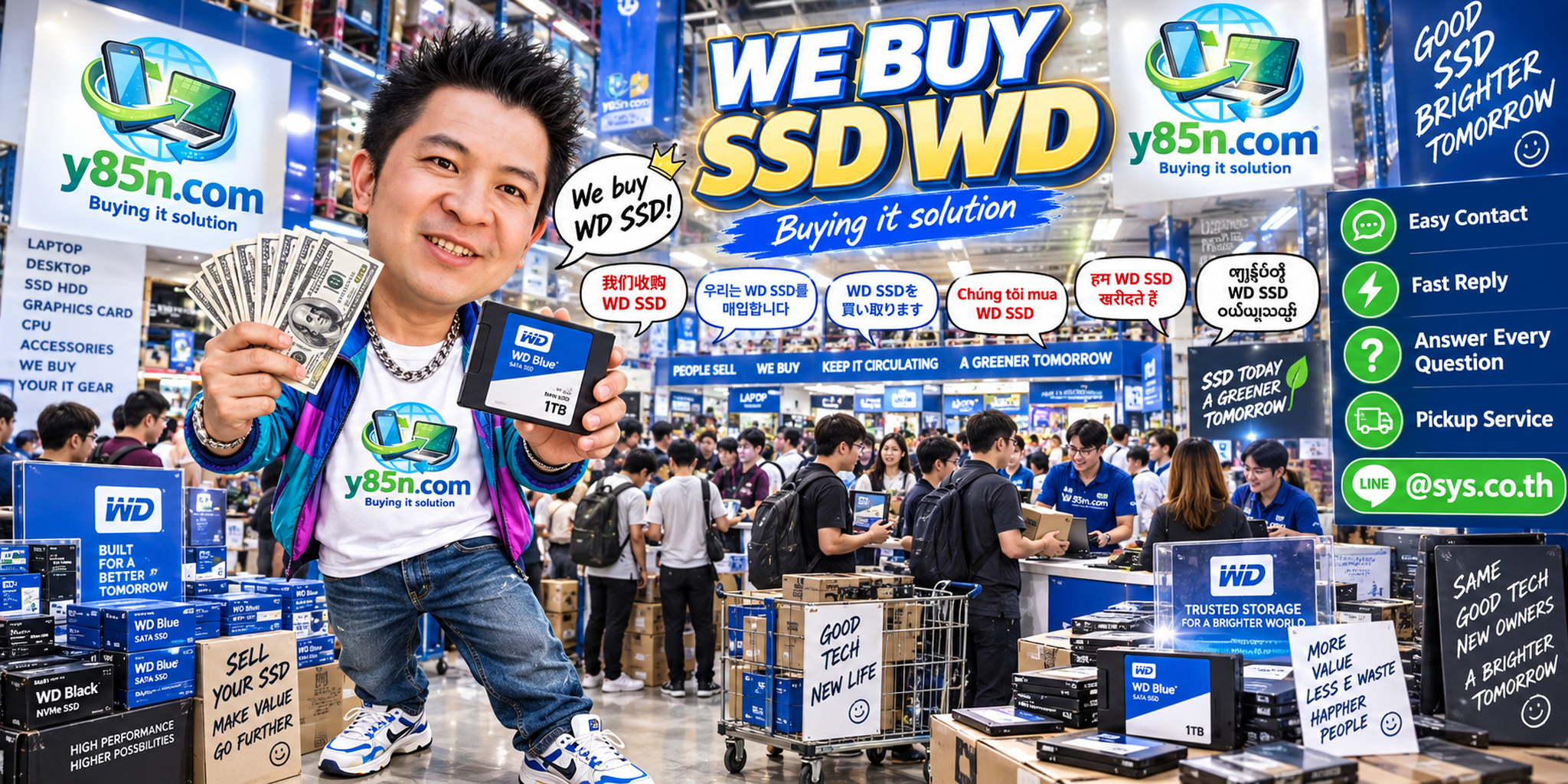 Y85N.com WD SSD buying contact banner with LINE at sys.co.th