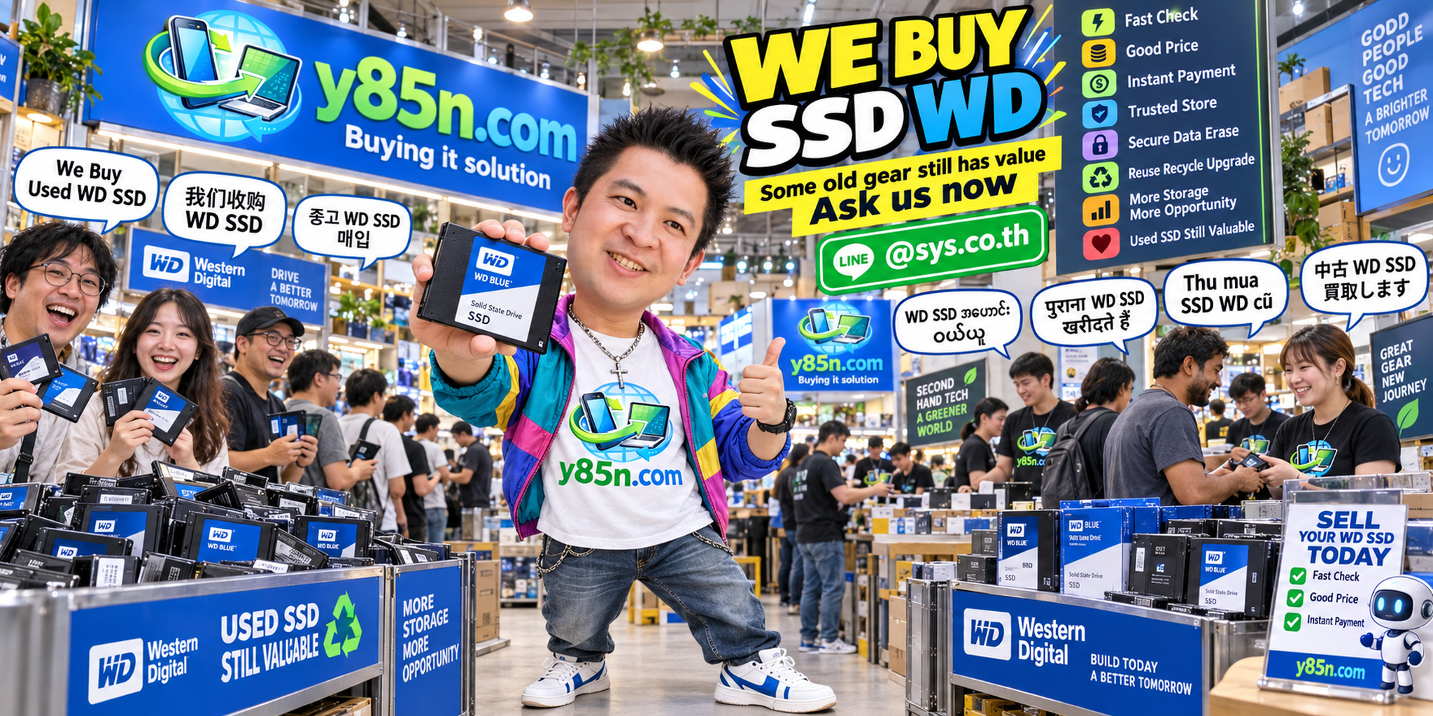 Busy Y85N.com warehouse showing a professional WD SSD buying service in Thailand