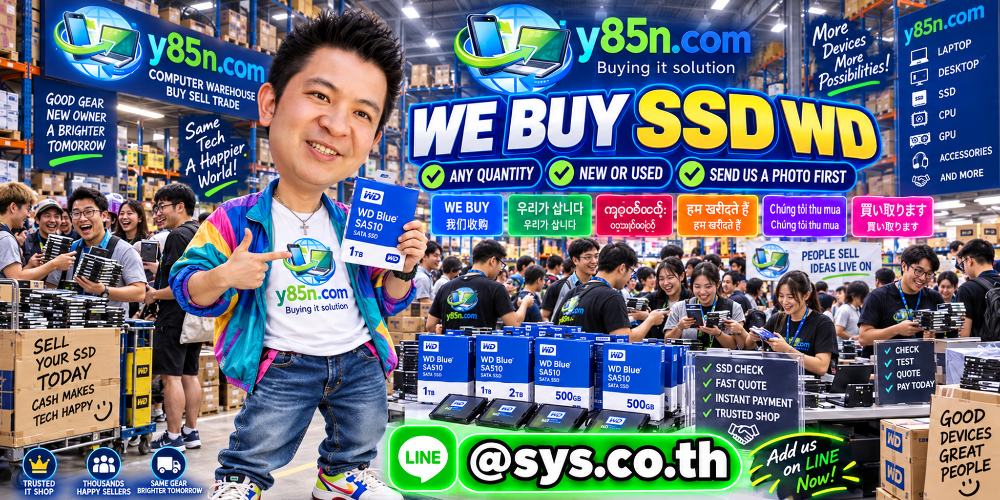 Y85N.com team and customers at a busy warehouse focused on buying used Western Digital SSDs