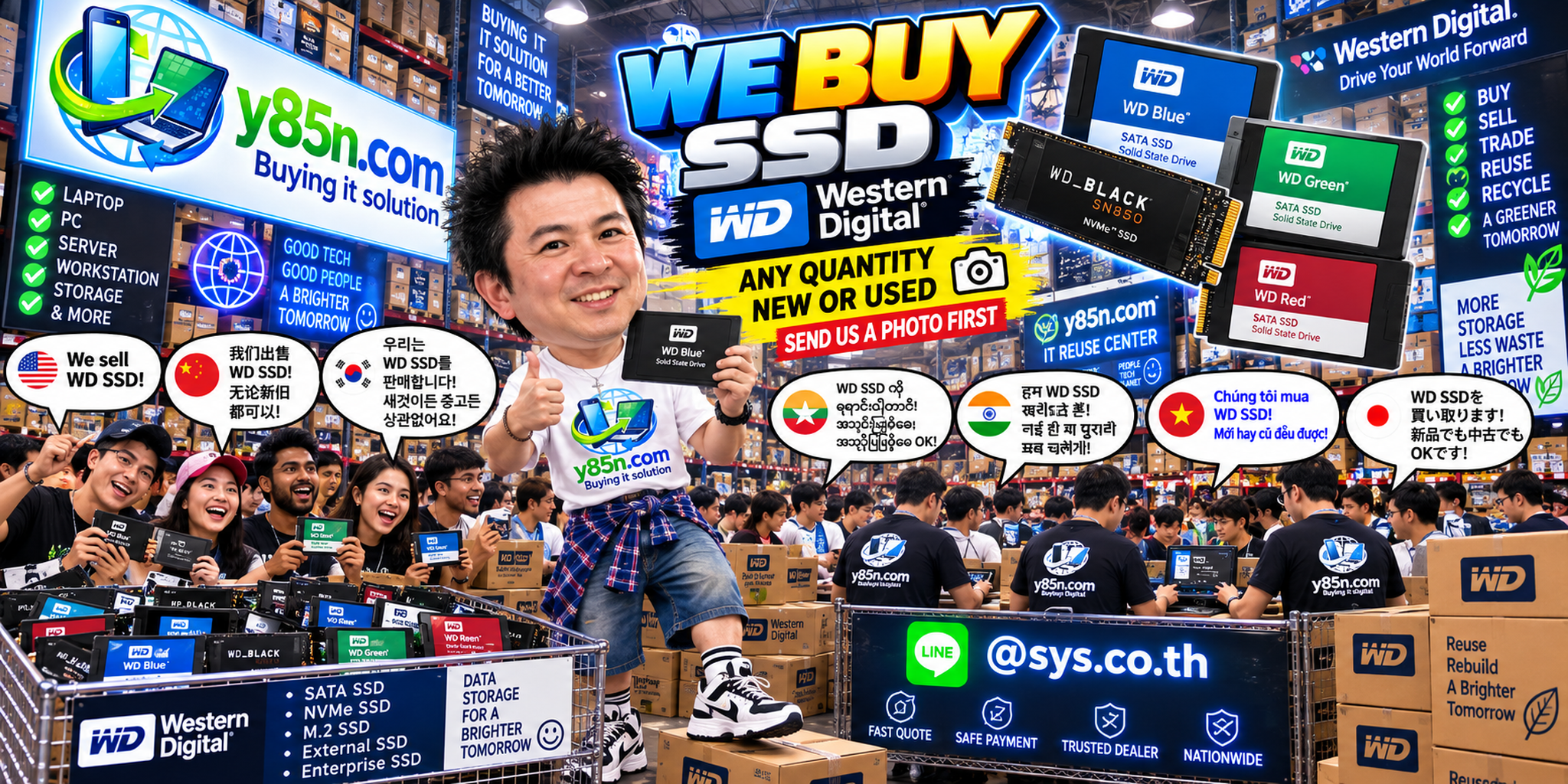Y85N.com team and customers at a busy warehouse buying Western Digital SSDs in Thailand