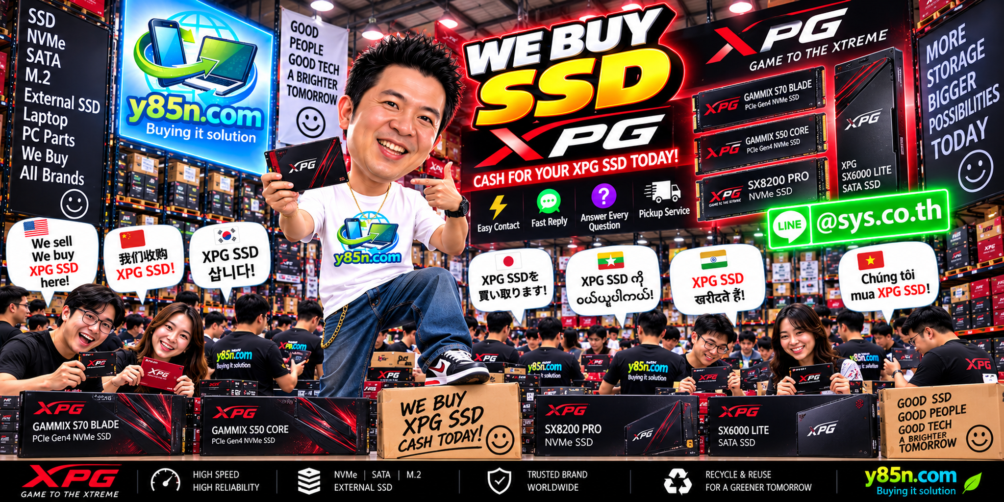 Y85N.com XPG SSD buying contact banner with LINE at sys.co.th