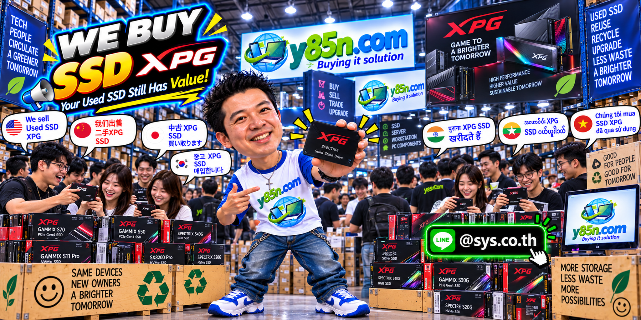Busy Y85N.com warehouse focused on buying XPG SSDs and storage equipment in Thailand