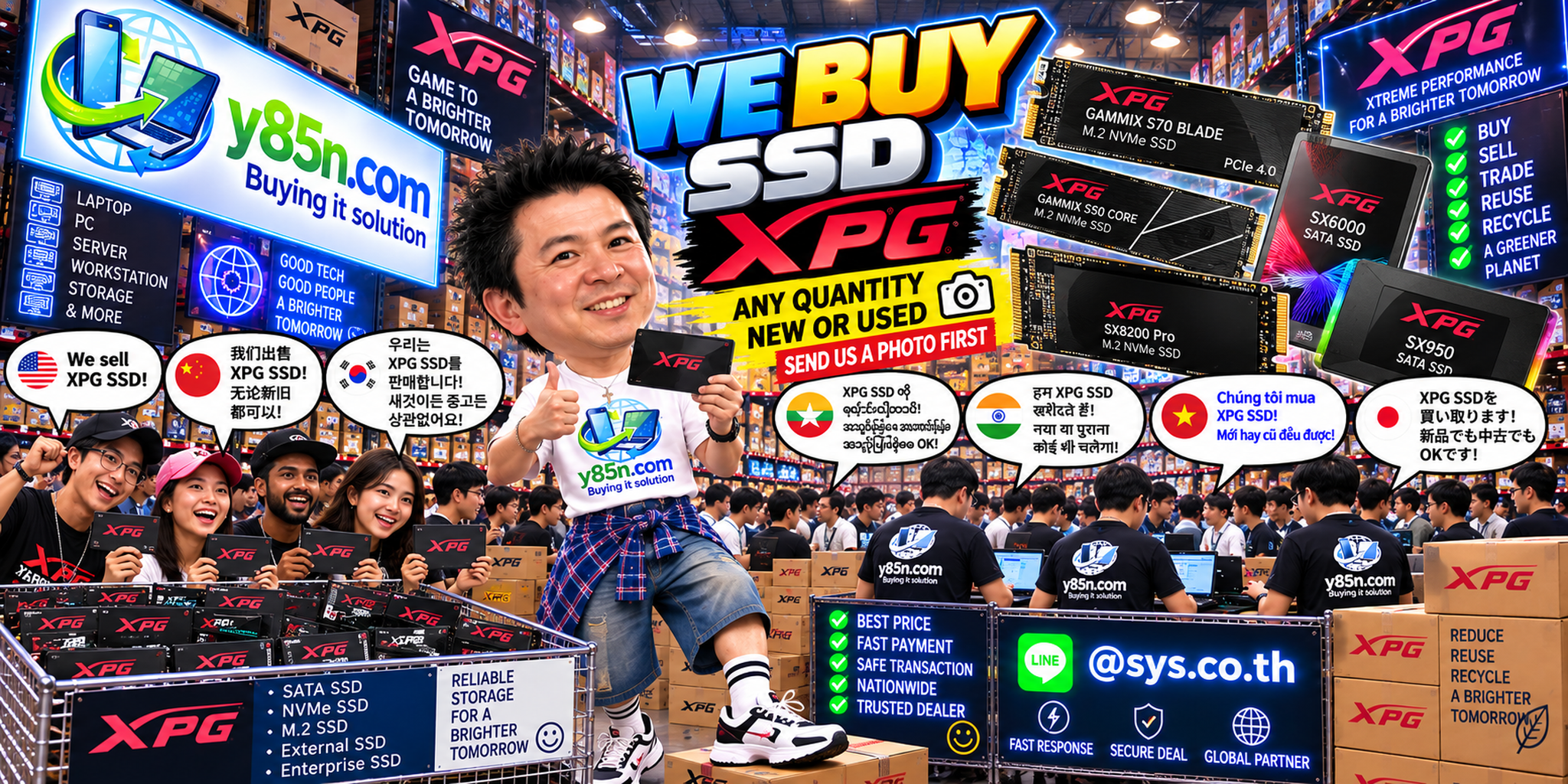 Y85N.com team and customers at a busy warehouse buying XPG SSDs and computer storage in Thailand