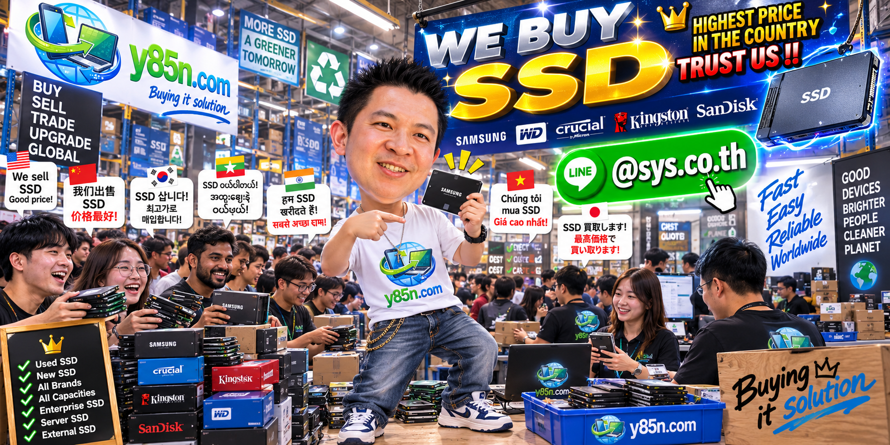Y85N.com warehouse buying used SSD storage with international seller messaging in Thailand