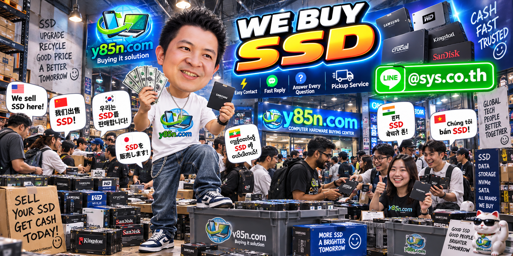 Y85N.com SSD buying service contact banner with LINE at sys.co.th