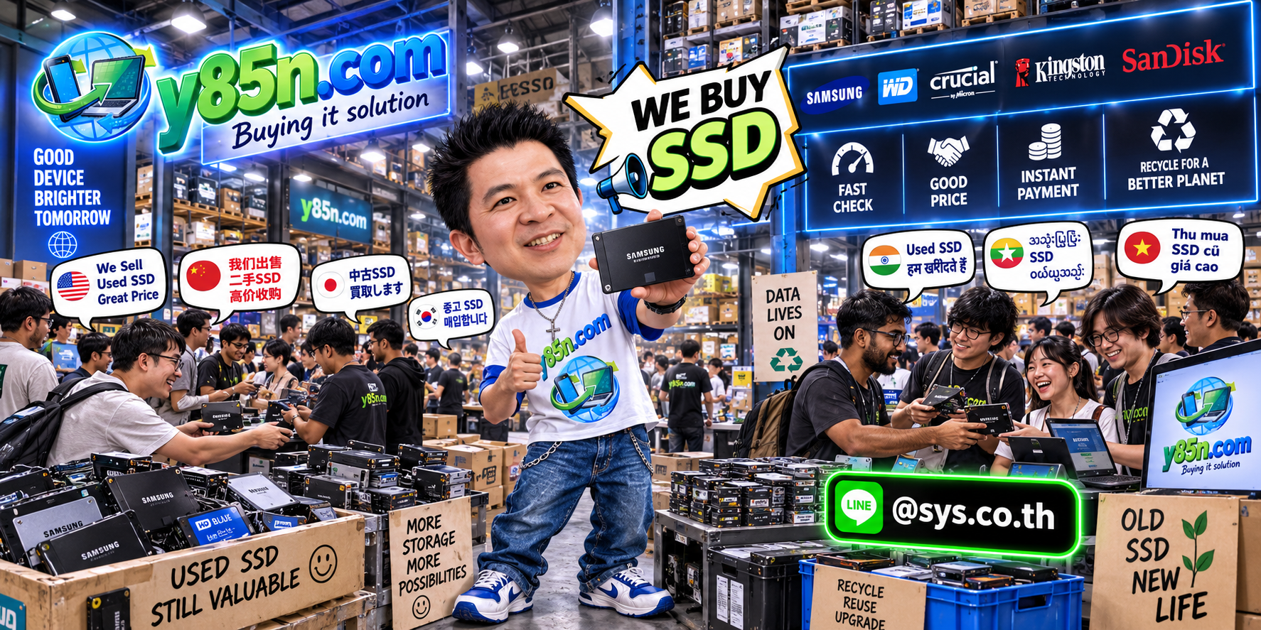 Busy Y85N.com computer warehouse promoting professional SSD buying services in Thailand