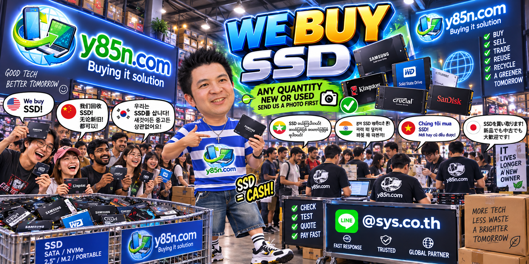 Y85N.com team and customers at a busy computer warehouse for used and bulk SSD buying in Thailand