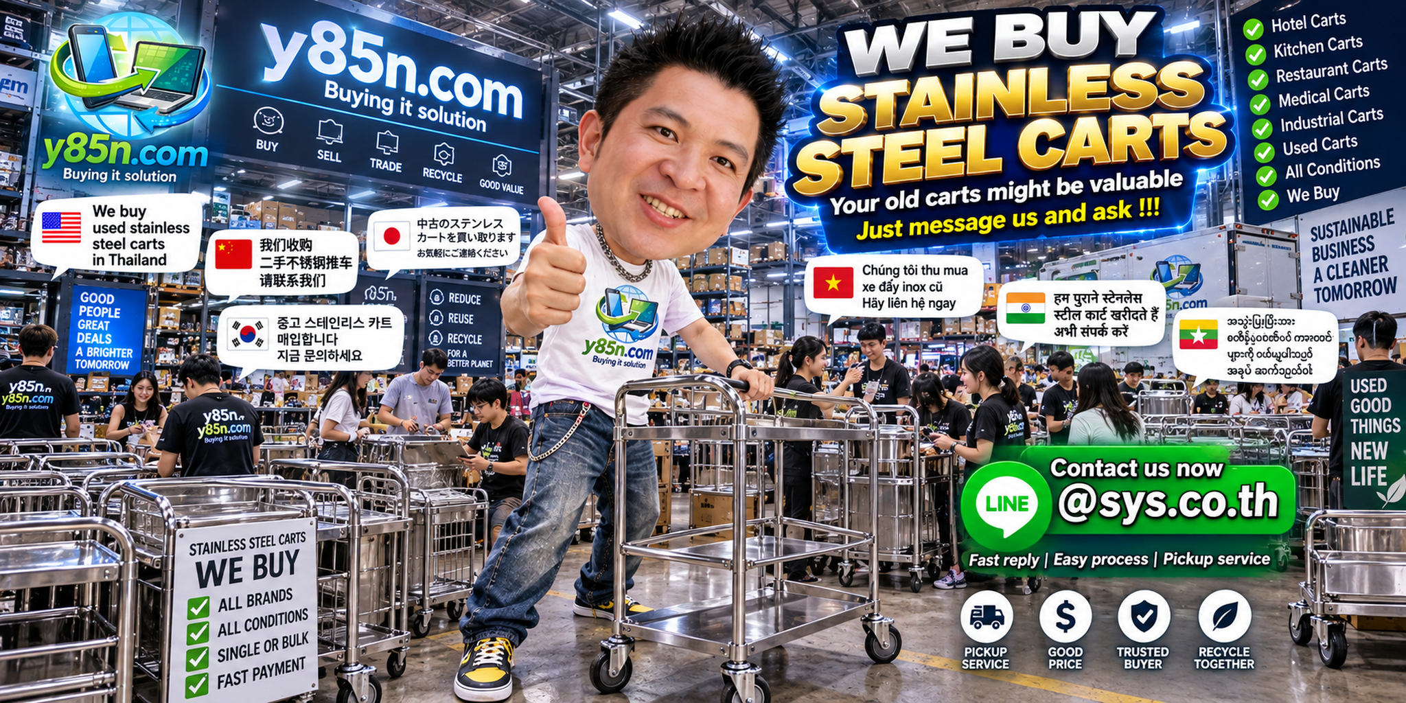 Busy Y85N.com warehouse buying stainless steel carts in Thailand