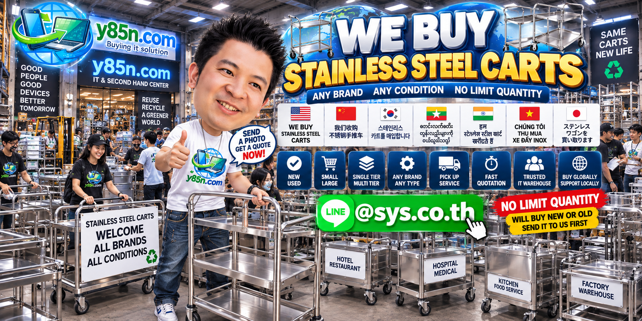 Y85N.com team and customers at a busy warehouse buying stainless steel carts