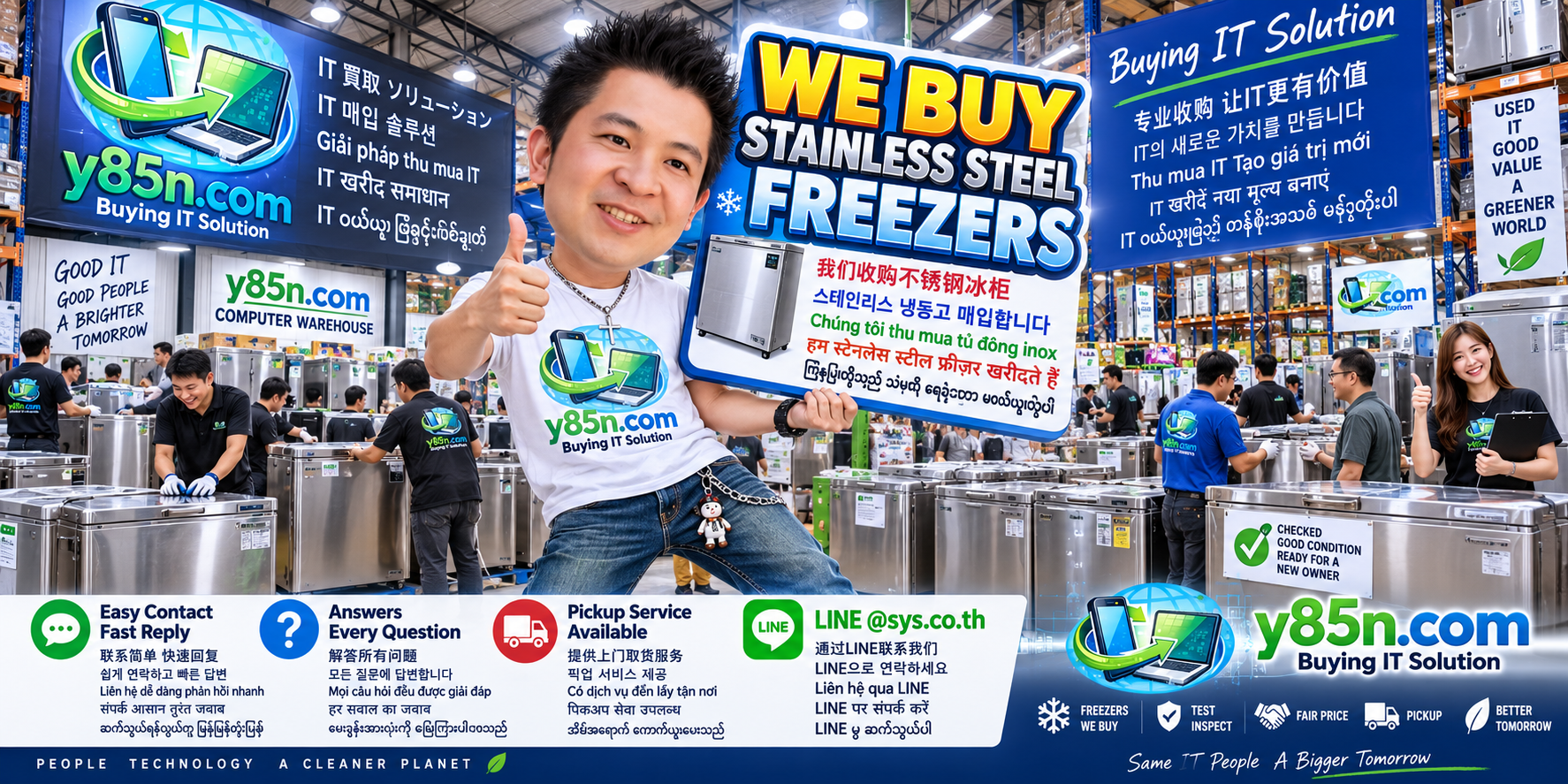 Y85N.com stainless steel freezer buying contact banner with LINE at sys.co.th