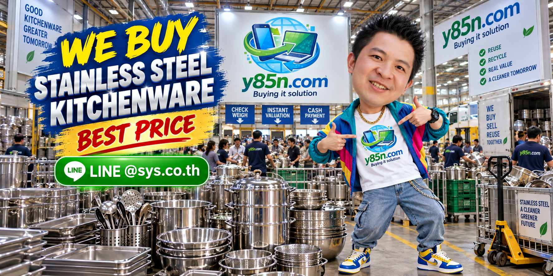 Y85N.com warehouse buying stainless steel kitchenware from sellers across Thailand