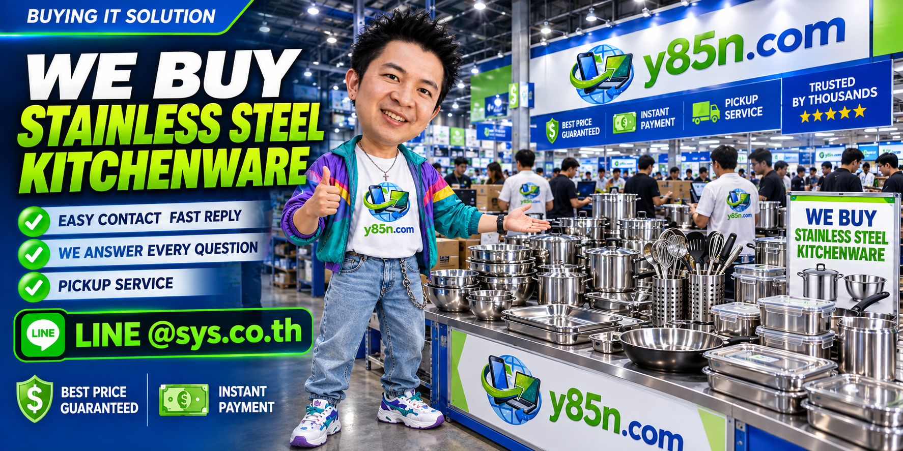 Y85N.com stainless steel kitchenware buying contact banner with LINE at sys.co.th