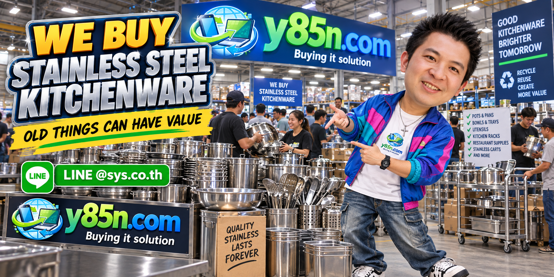 Busy Y85N.com warehouse buying stainless steel kitchenware in Thailand